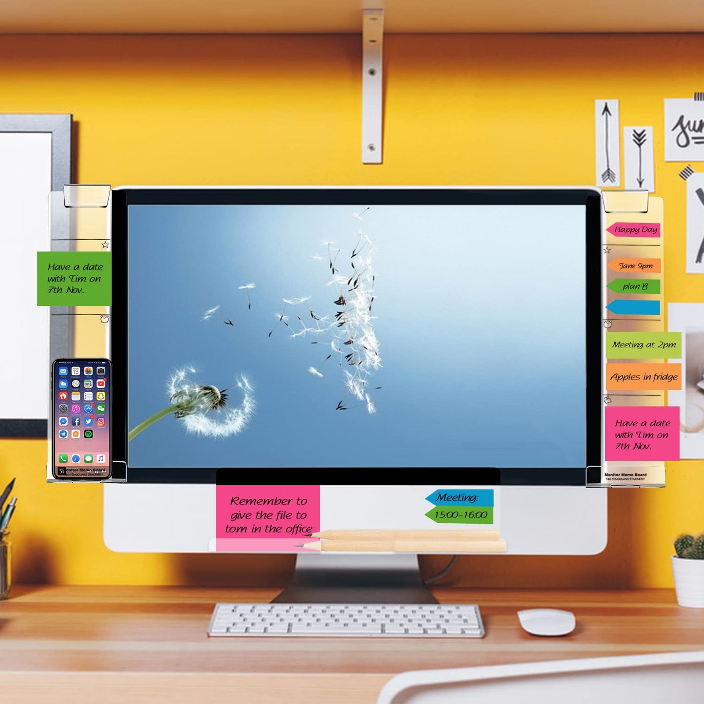 Monitor Memo Boards for Computer, Set of 3 (Left & Right & Bottom) Multifunction Acrylic Screen Message Reminder Pad Side Panels Phone Holder - Utility Organizer for Office Desktop, with Sticky Notes