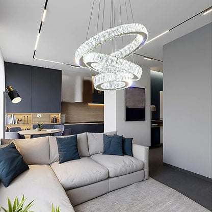 FRIXCHUR Dimmable Modern LED Chandelier 3 Ring Pendant Light Crystal Chandelier for Dining Room Living Room Bedroom,3 Colors Adjustable