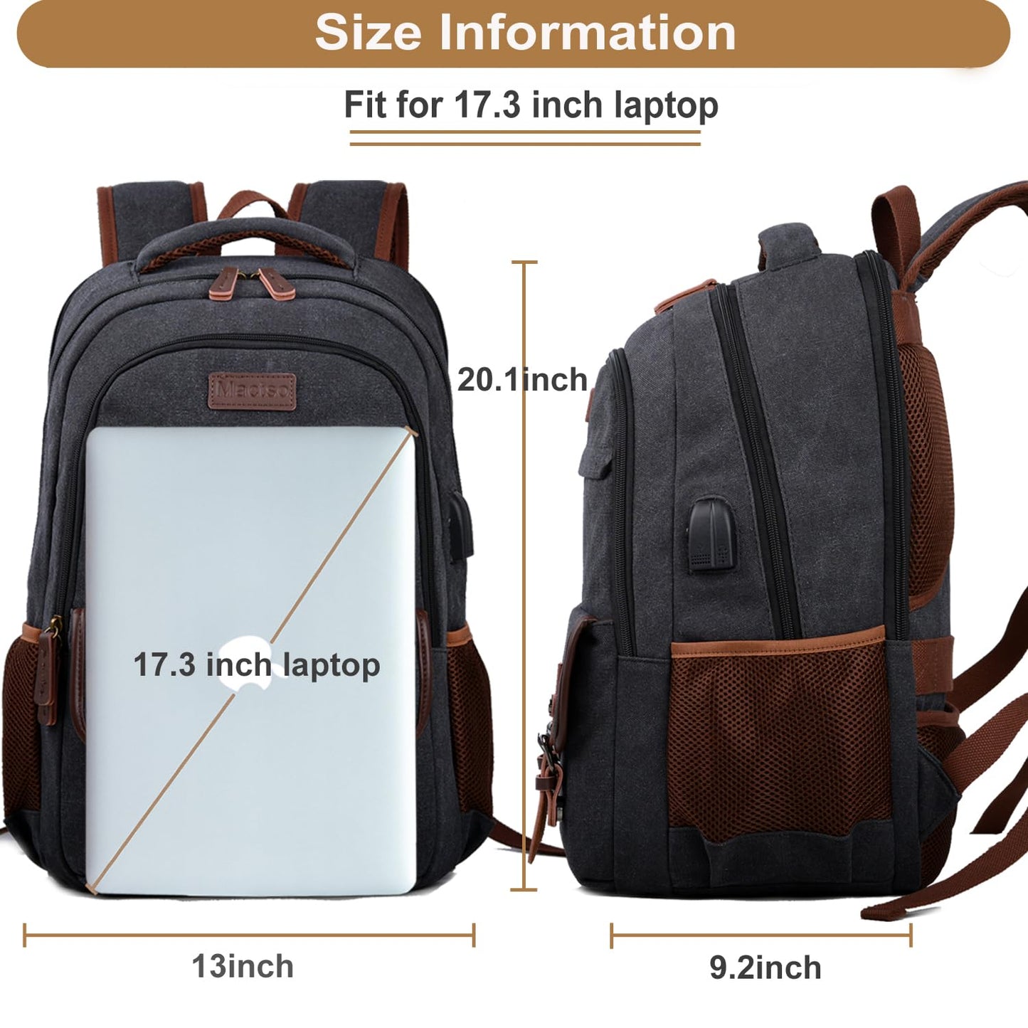 Mactso Canvas Travel Laptop Backpack for Men Women, Business Work Rucksack College Computer Bag Fits 17.3 Inch Notebook,Bookbag with USB Charging Port (Black, 17.3 Inch)
