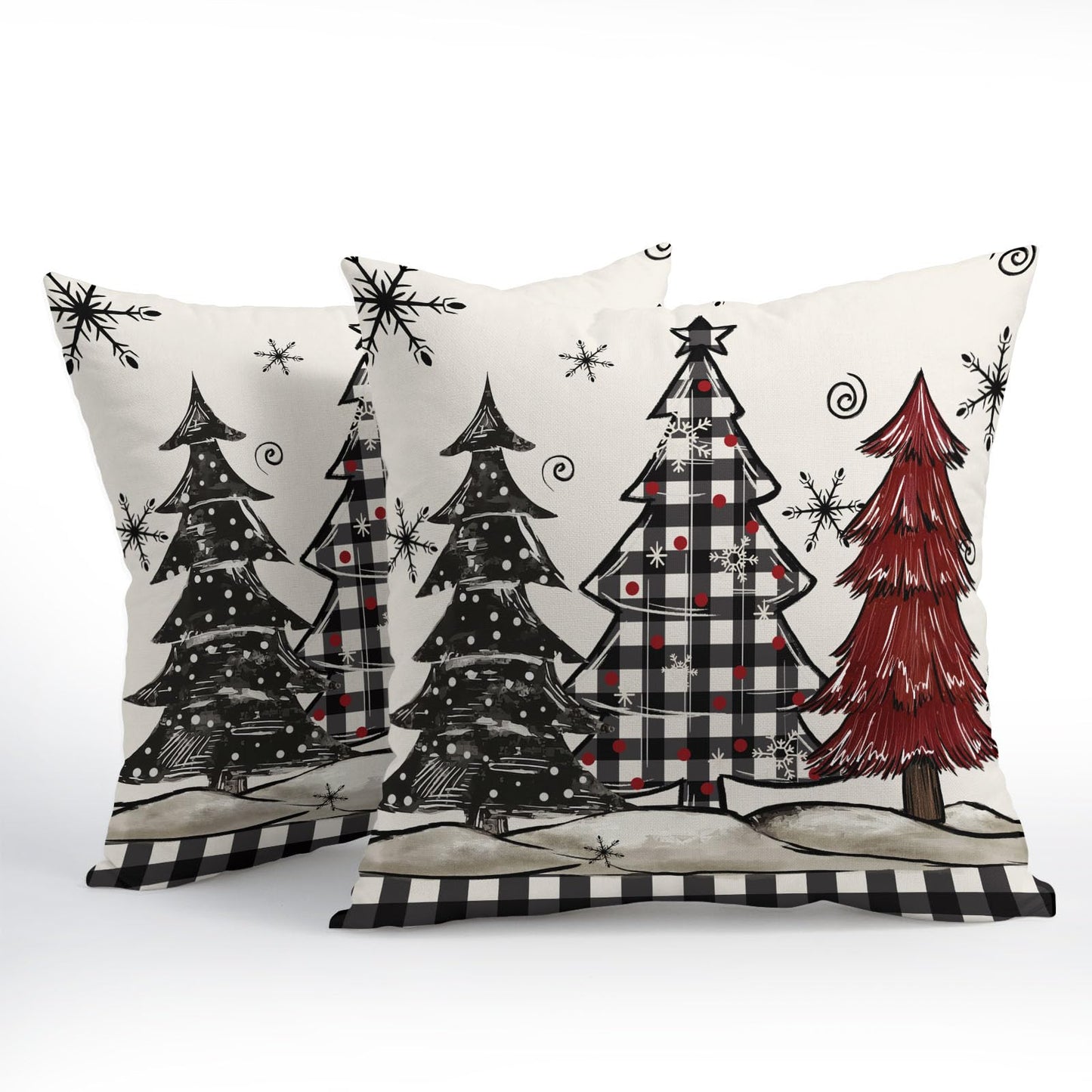 Ancordivo Christmas Pillow Covers 18x18 Inch Set of 2 Xmas Theme Black and Red Tree Snowflake Outdoor Throw Pillows Winter Holiday Buffalo Plaid Pillowcases for Couch Sofa Bed Home Decor