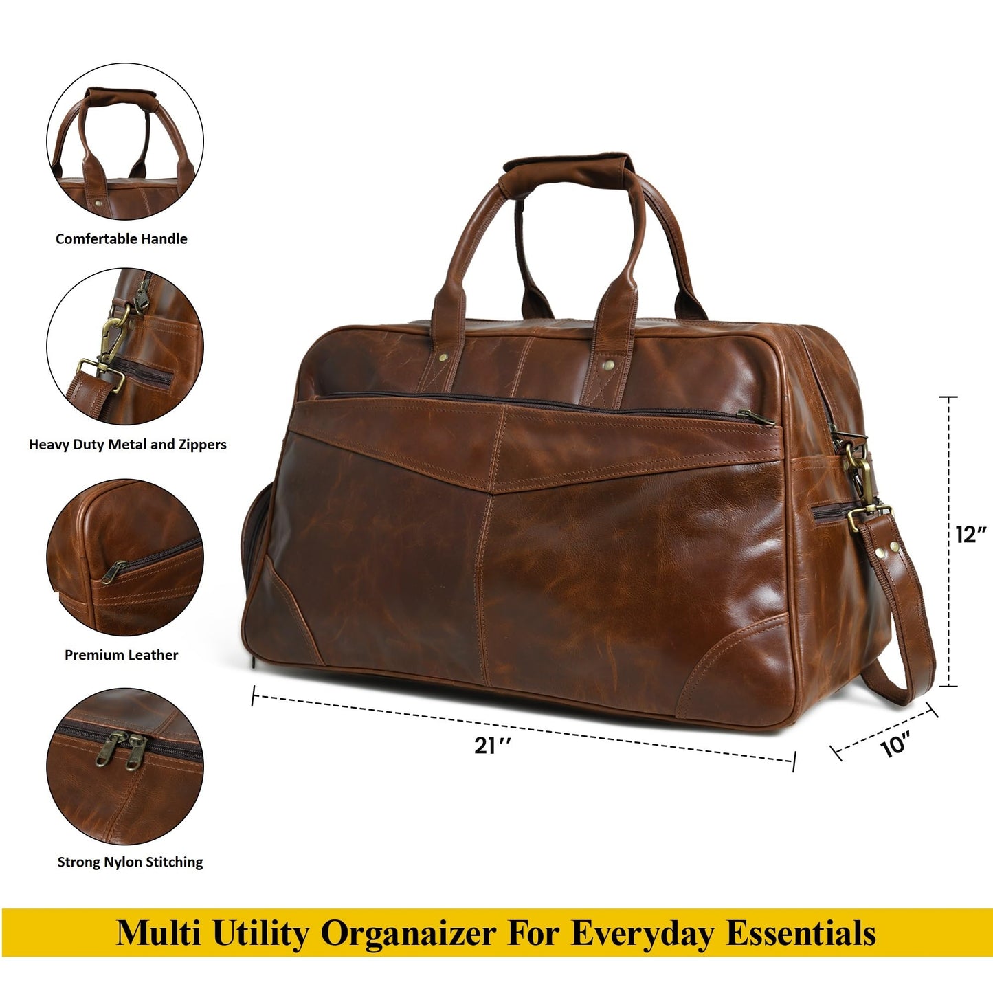 Duffle Bag For Men and Women, 21 Inch Vintage Buffalo Leather Travel Duffle Bag, Genuine Carry On Overnight Bag, Weekender Gym Bag with Shoulder Strap, Carry on Airplane Luggage Bags