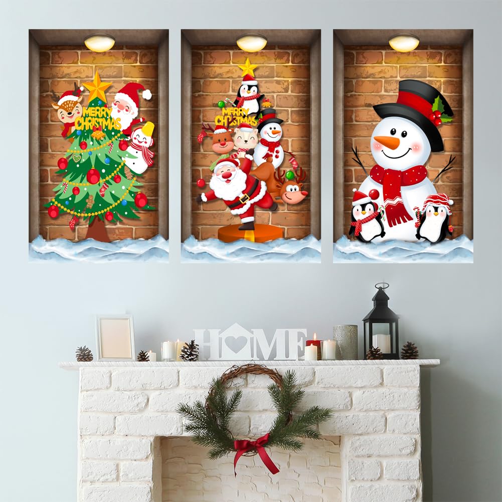 3 Pcs Christmas Wall Decals Christmas Tree Snowman Santa Claus Faux Closet Wall Stickers 3D Realistic Wall Art Mural for Xmas Holiday Festival Party Supplie