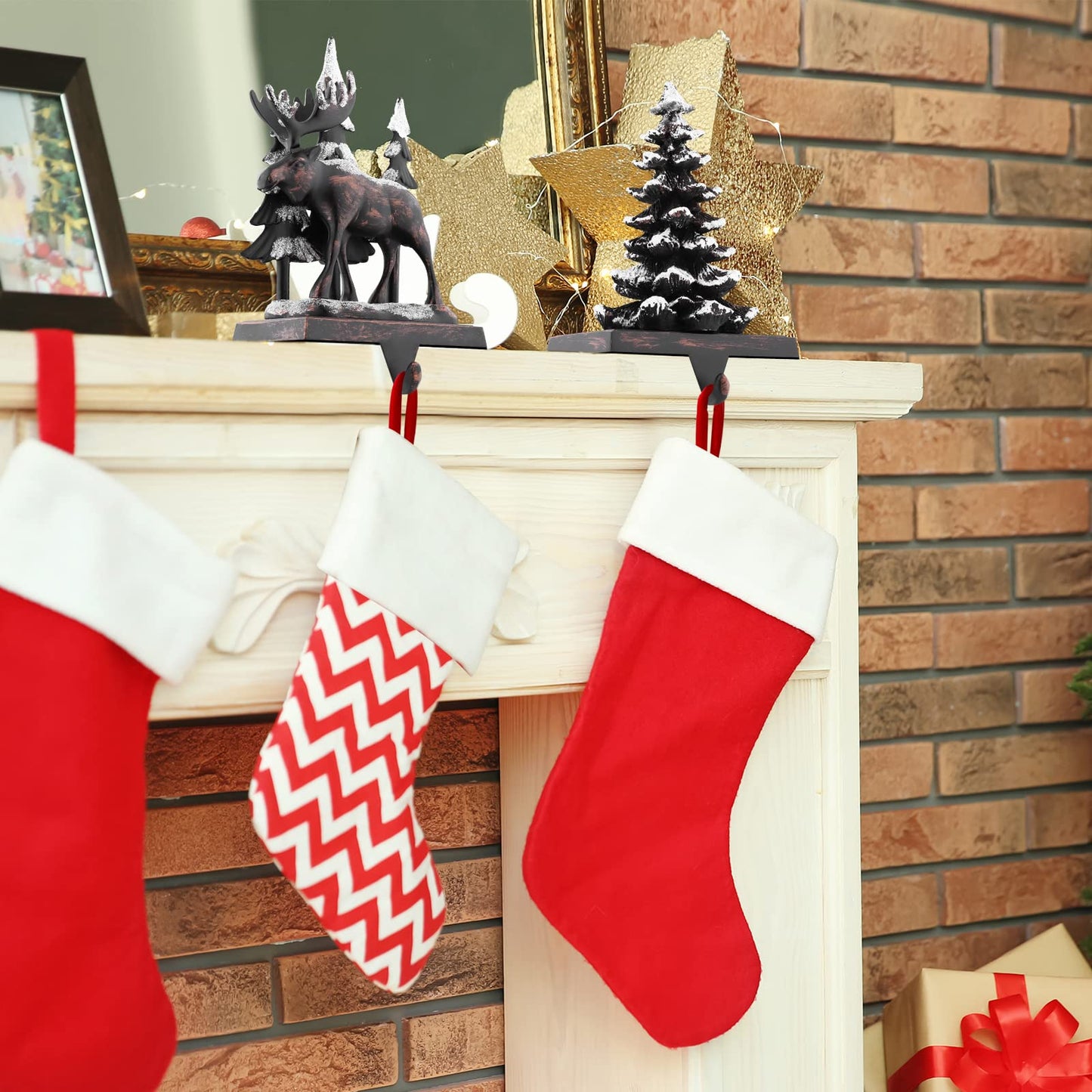 MCEAST 2 Pack Christmas Stocking Holders Reindeer and Christmas Tree with Snowflake Xmas Stocking Hangers Clips Mantle Hooks for Christmas Decoration