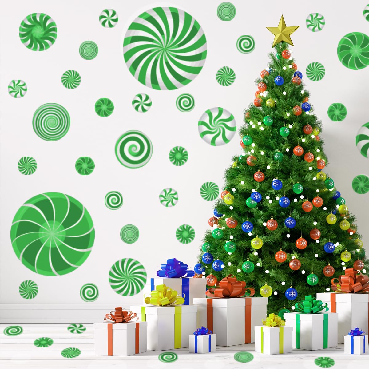 77 Pcs Christmas Candy Wall Decals Decorations Christmas Wall Stickers Green Peppermint Candy Floor Decals for Xmas Candyland Party Decorations