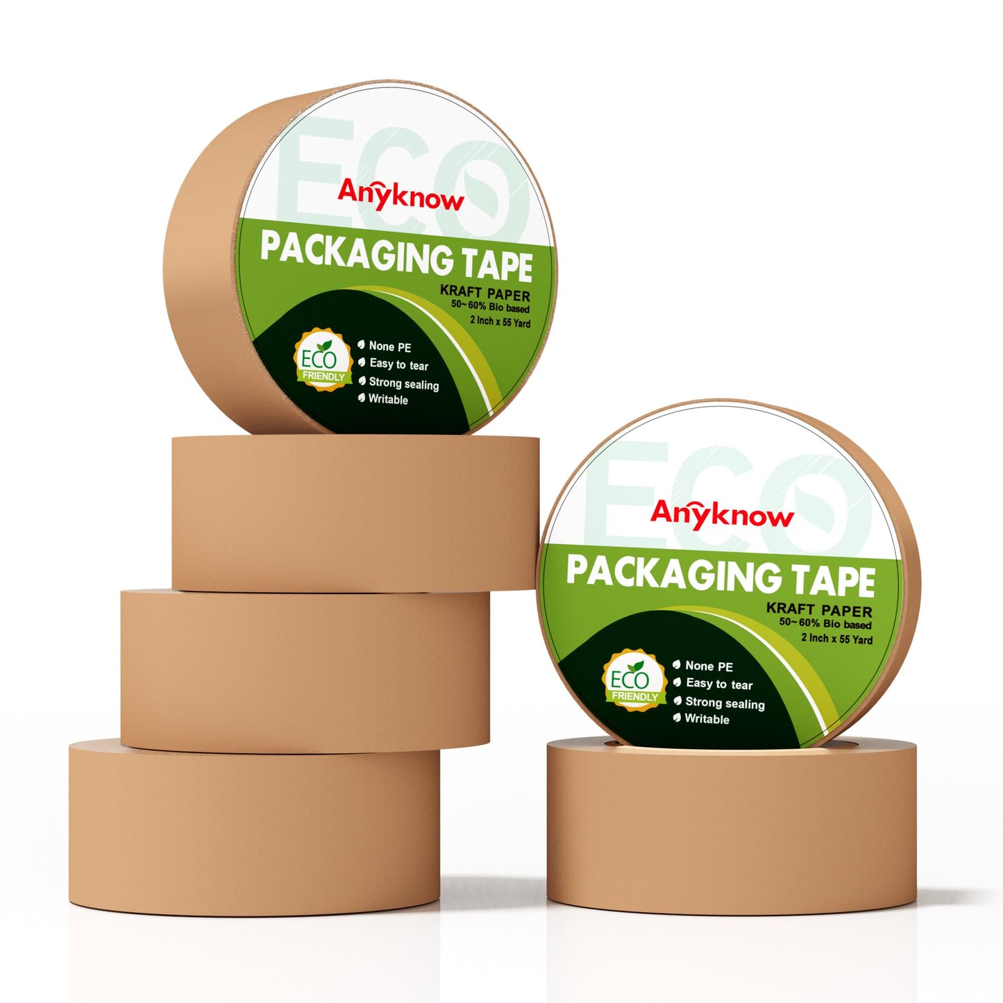 Anyknow Kraft Paper Packing Tape (6 Rolls), 2 Inch x 55 Yards, Heavy Duty Brown Shipping Tape with Natural Rubber, Silent & Writable Self-Adhesive for Moving & Small Business