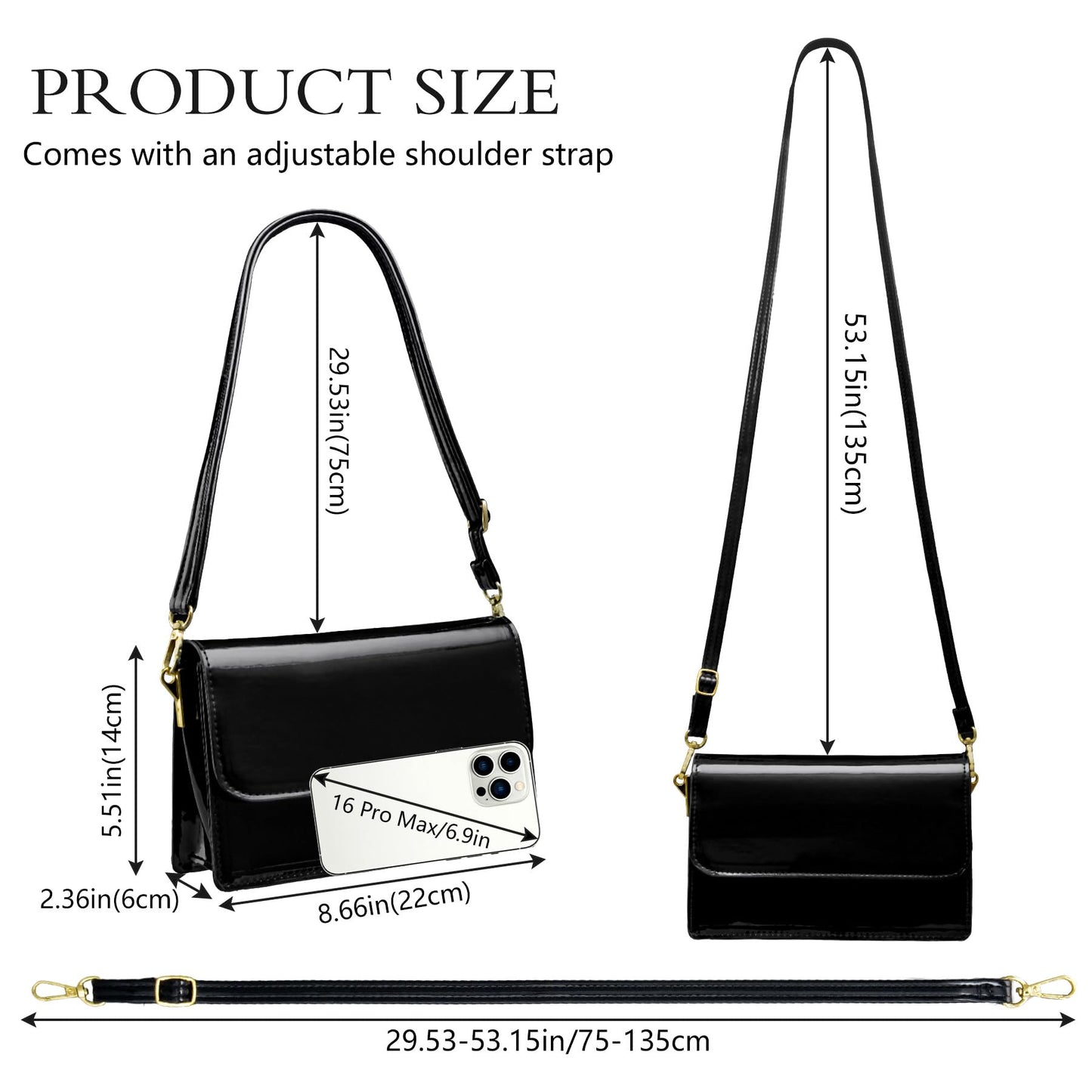 Toptime Patent Leather Evening Bag Clutch Purse for Women, Shiny Black Shoulder Bag with Adjustable Strap, Envelope Crossbody Bags Handbag with 2 Compartments for Prom Cocktail Party Wedding