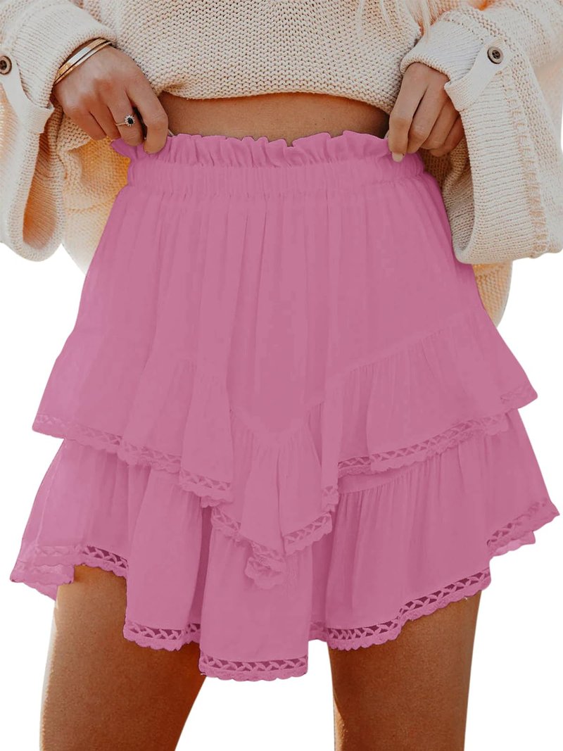 Aoudery Flowy Shorts for Women Casual Boho Ruffle Tiered Skorts High Waist Mini Skirts Golf Tennis Butterfly Crochet Shorts - Mauve Pink XXL