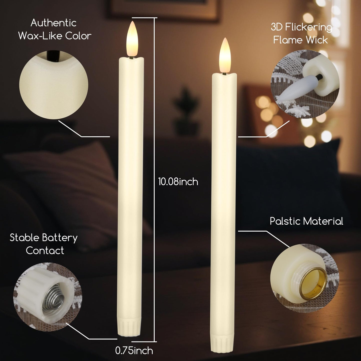 SEHNSY 12 Ivory LED Flameless Taper Candles with Remote Control, Timer & Flickering Flame, 10.1" Plastic Battery Operated Candlesticks for Holiday Party, Xmas, and Home Decor