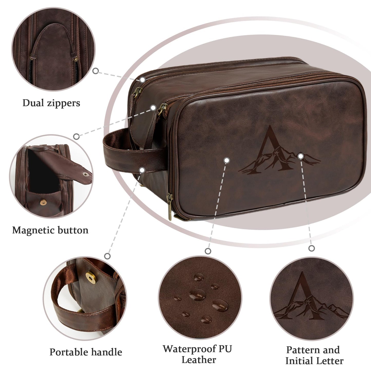 Janhavi Leather Toiletry Bag for Men, Personalized Laser Engraved Initials & Mountain, Toiletry Bag For Shower Caddy, Cruise Ship Essentials, Groomsmen Gifts, Men's Accessories (Dark Brown E)