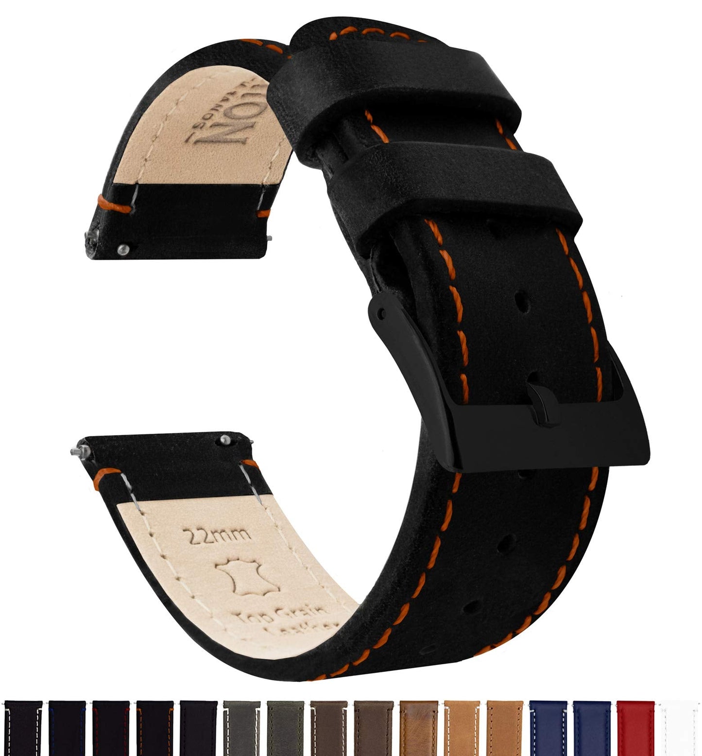 BARTON WATCH BANDS Quick Release Top Grain Leather Watch Band Strap, Black Leather/Orange Stitching (Black Buckle), 20mm