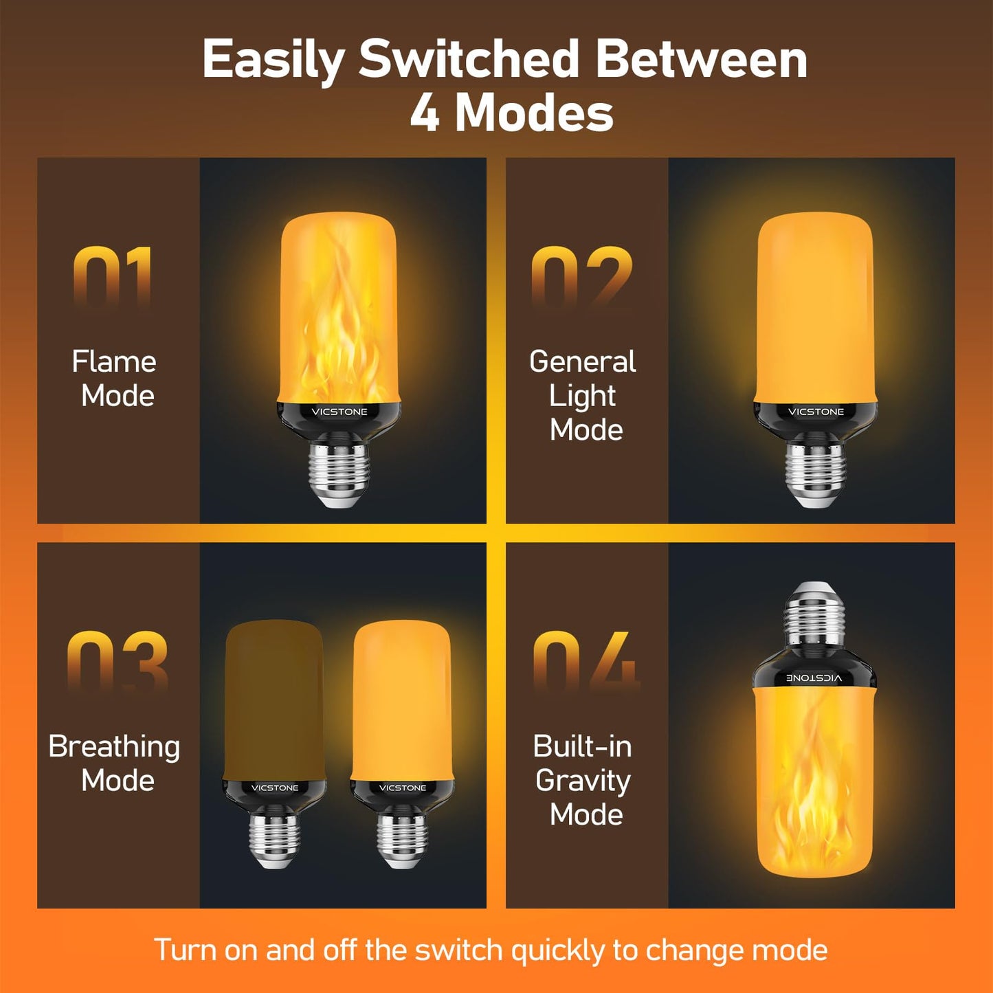 Vicstone Upgraded Dusk to Dawn LED Flame Light Bulbs Outdoor, 4 Modes Flickering Light Bulbs with Upside Down Effect, E26 Fire Bulb for Halloween Christmas Party Patio Porch Home Indoor Decorations, 2