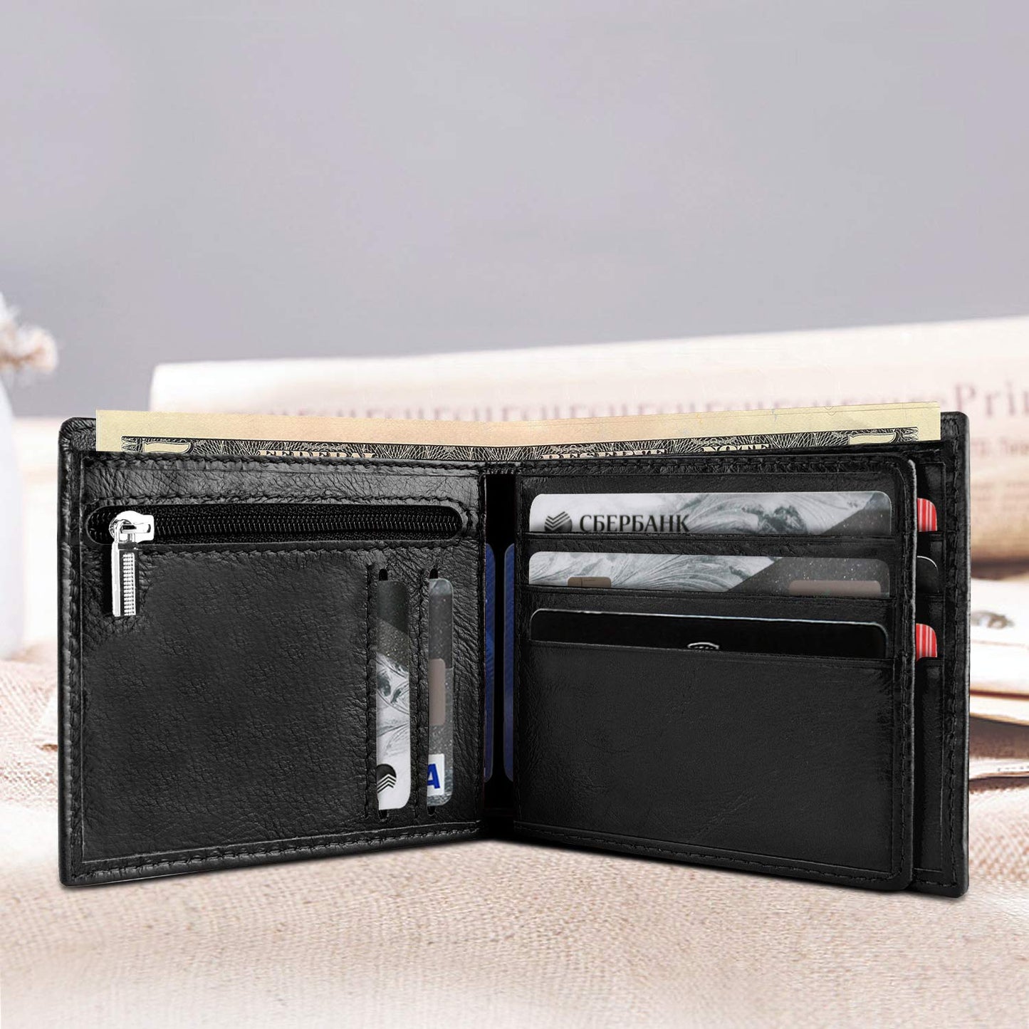 LYOOMALL Wallet for Men, Large Capacity Genuine Leather RFID Blocking Bifold Wallet/Credit Card Holder for Men, with Coin Pocket, Zipper Cash Pocket, ID Window and 10 Card Slots (Black)