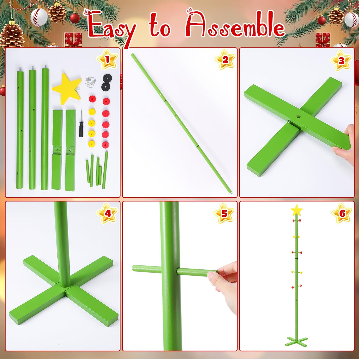 Capoda 71 Inch Christmas Stocking Holder Stand for Floor, Freestanding Wooden Christmas Tree Star Stocking Rack with 10 Hooks Hanger Stand for Xmas Winter Holiday Room Decoration