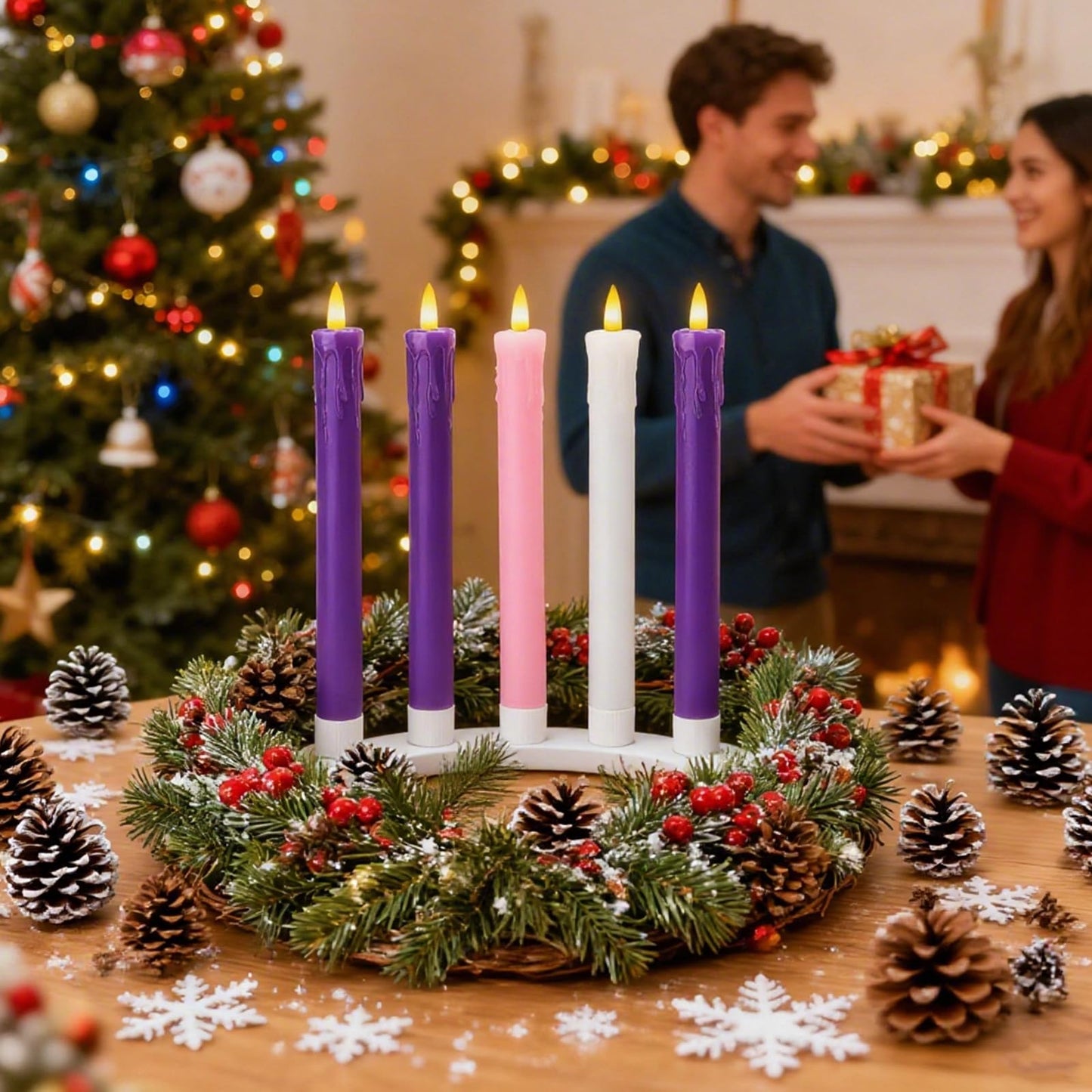 Lezonic Flameless Advent Candles Battery Operated with Remote, Set of 5 Wax Christmas Taper Nativity Candles, LED Advent Wreath Candles for Church Home Christian Decor, 3 Purple & 1 Pink & 1 White