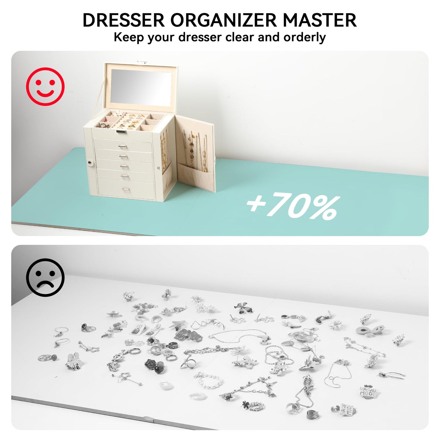 Frebeauty Large Jewelry Box,6-Tier PU Leather Jewelry Organizer,Multi-functional Storage Case with Mirror,Accessories Holder with 5 Drawers for Necklace Bracelets Watches(Pearl White)