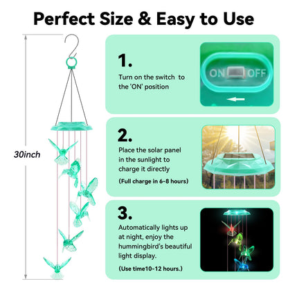 Wind Chimes,Hummingbird Solar Wind Chimes for Outside, Memorial Wind Bell for Garden/Patio Mobile Decorative Thanksgiving Gifts for Mom, Wife, Grandma Neighbors(Green 28")