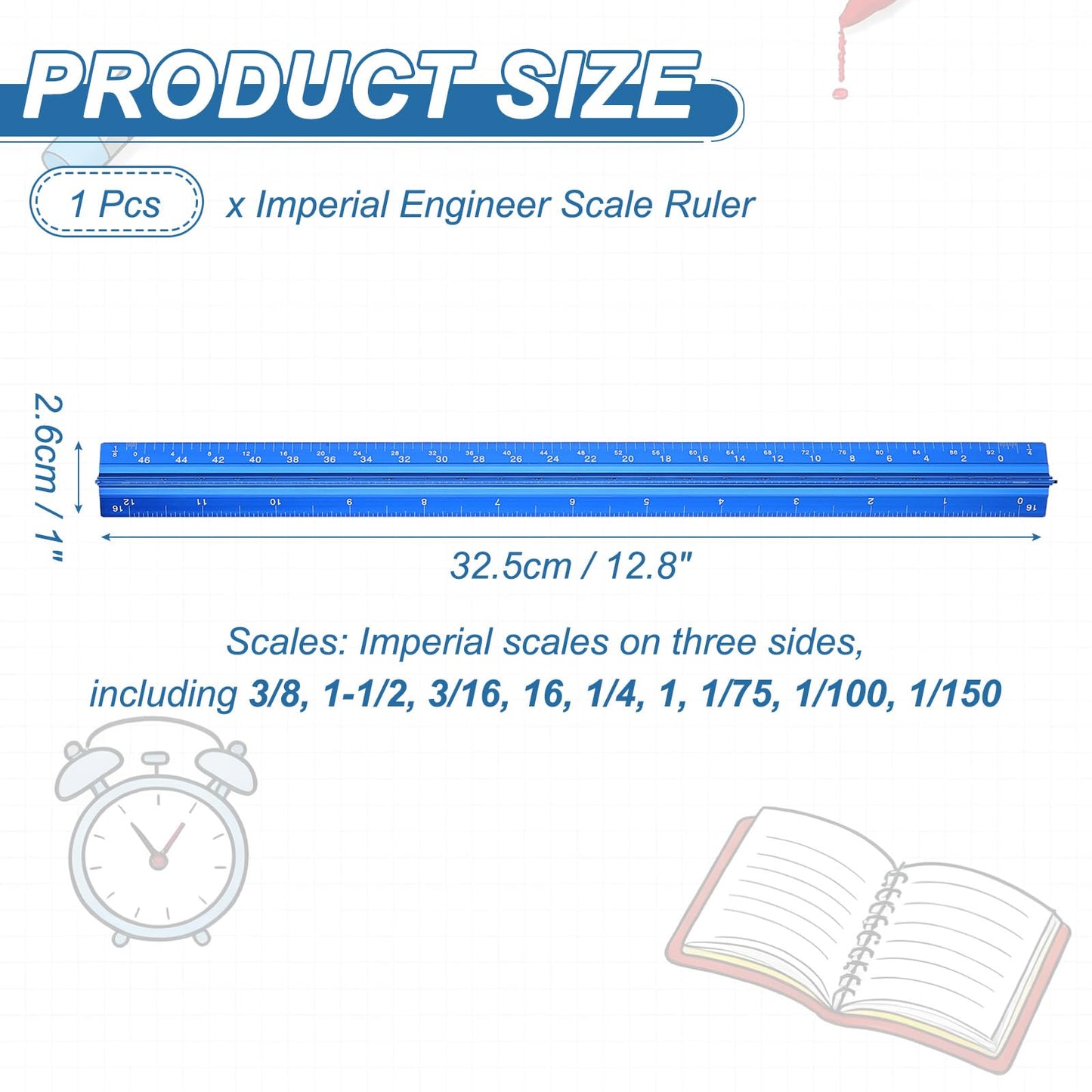 PATIKIL 13 Inch Imperial Engineer Scale Ruler, Architectural Scale Ruler Aluminum Triangular Civil Drafting Tool for Architect Blueprint Engineering Office Supplies, Blue