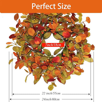 22“ Thanksgiving Fall Wreaths for Front Door Outside - Orange Green Eucalyptus & Berries Front Porch Door Wreath Decor, Harvest Autumn Decor.