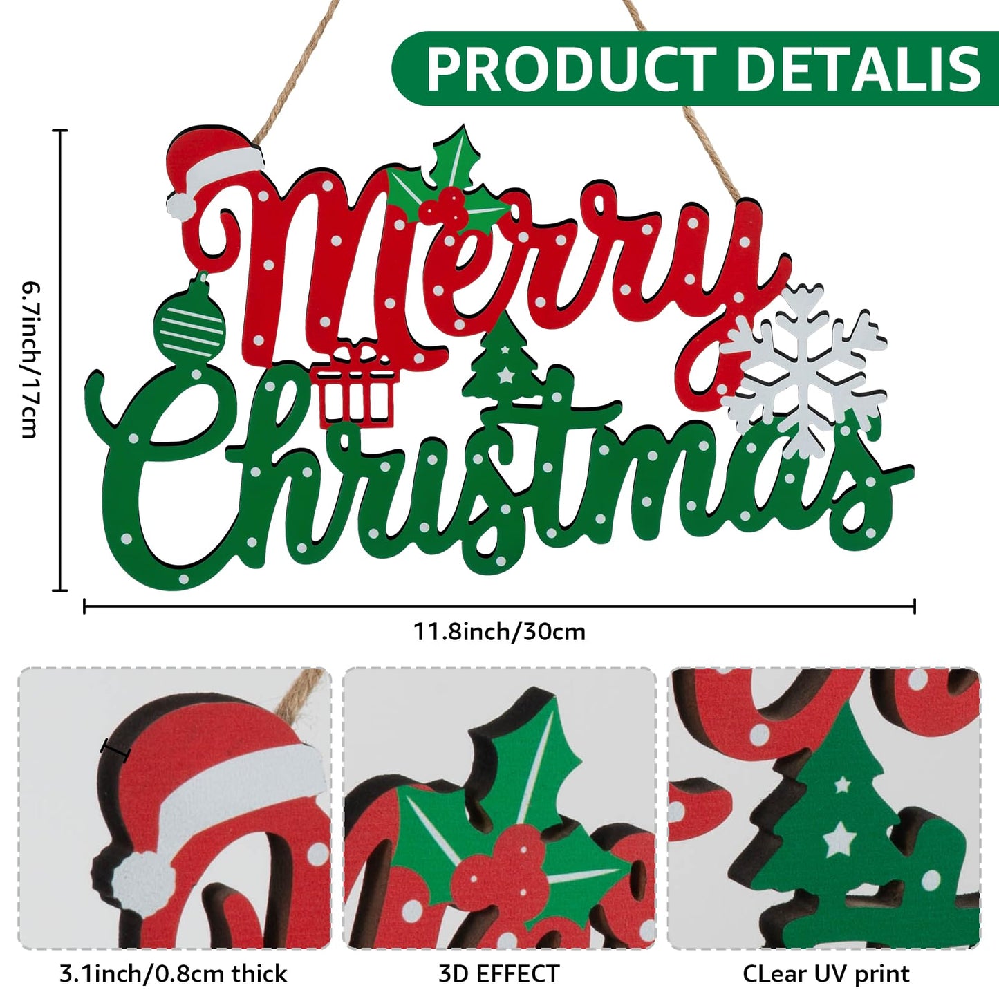Merry Christmas Sign for Front Door Decor - 2 in 1Wooden 11.8 Inch × 6.7inch Christmas Wreath Wall Hanging or Tabletop Centerpiece for Door, Table, Fireplace
