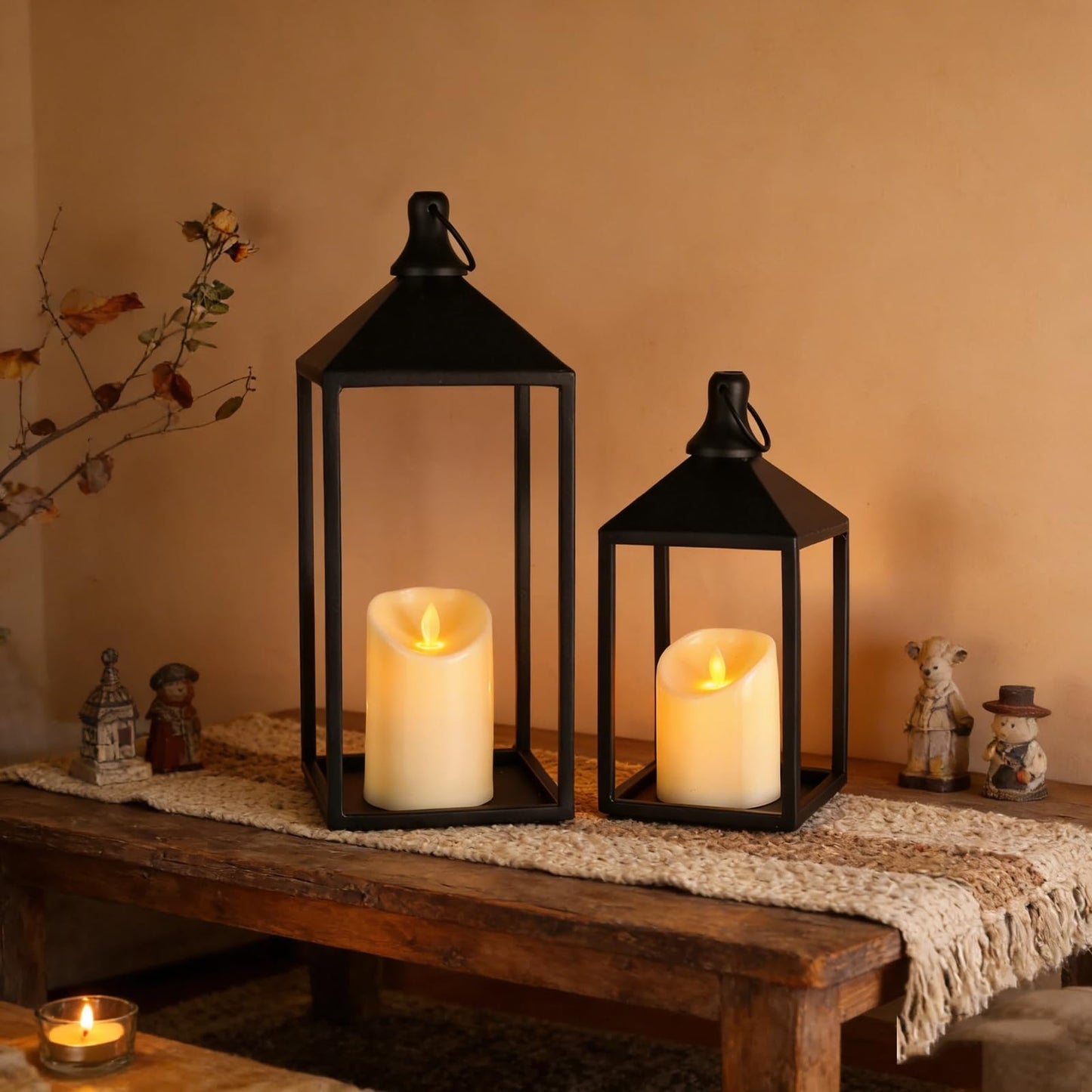 MATAHUM 2pcs Farmhouse Lantern Decor with LED Flickering Flameless Candles - Black Metal Lanterns Decorative for Home Decor, Fireplace Mantle or Table Centerpiece, Halloween Christmas Lantern Decor