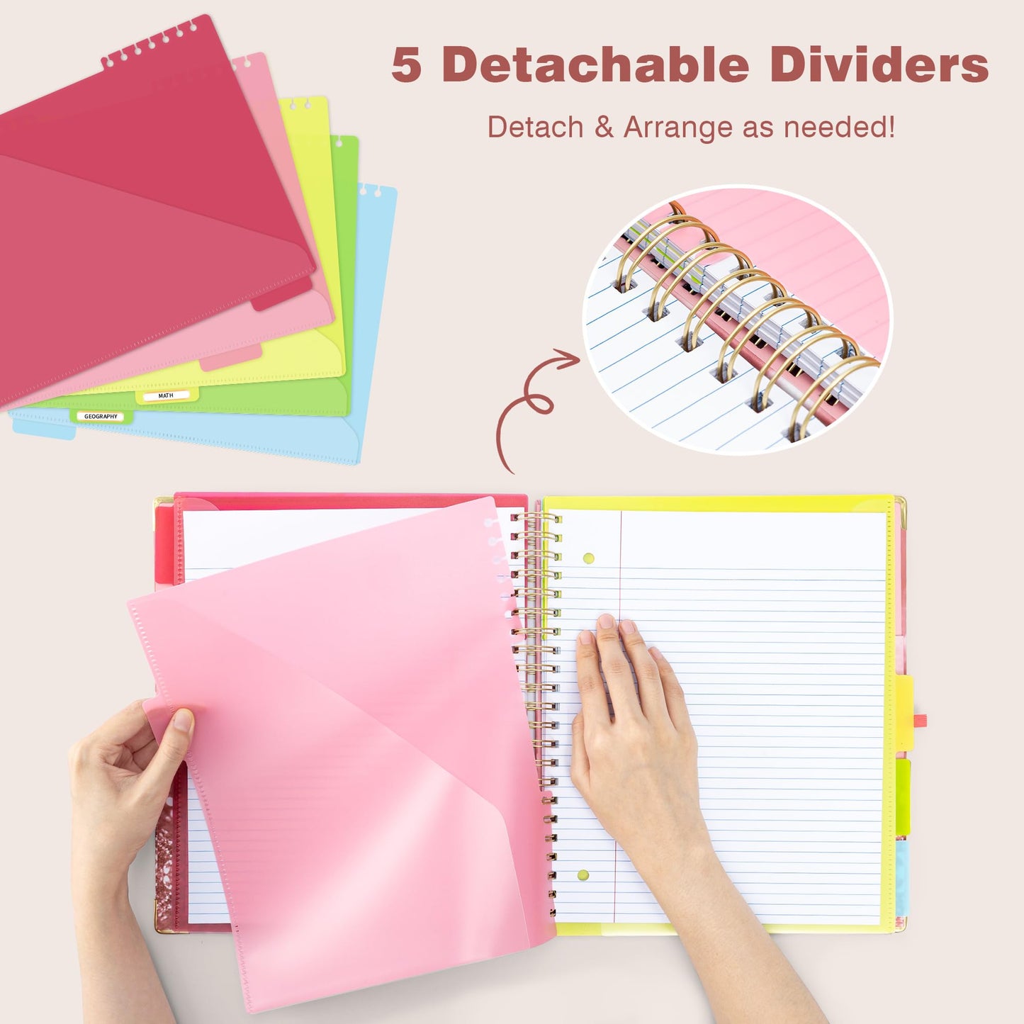 EYROZILL Spiral Notebook Clipboard with Removable Dividers Tabs, 5 Subject Notebook College Ruled, 8.5"x11" Hardcover Lined Journals with 12 Storage Pockets School Office Work Supplies