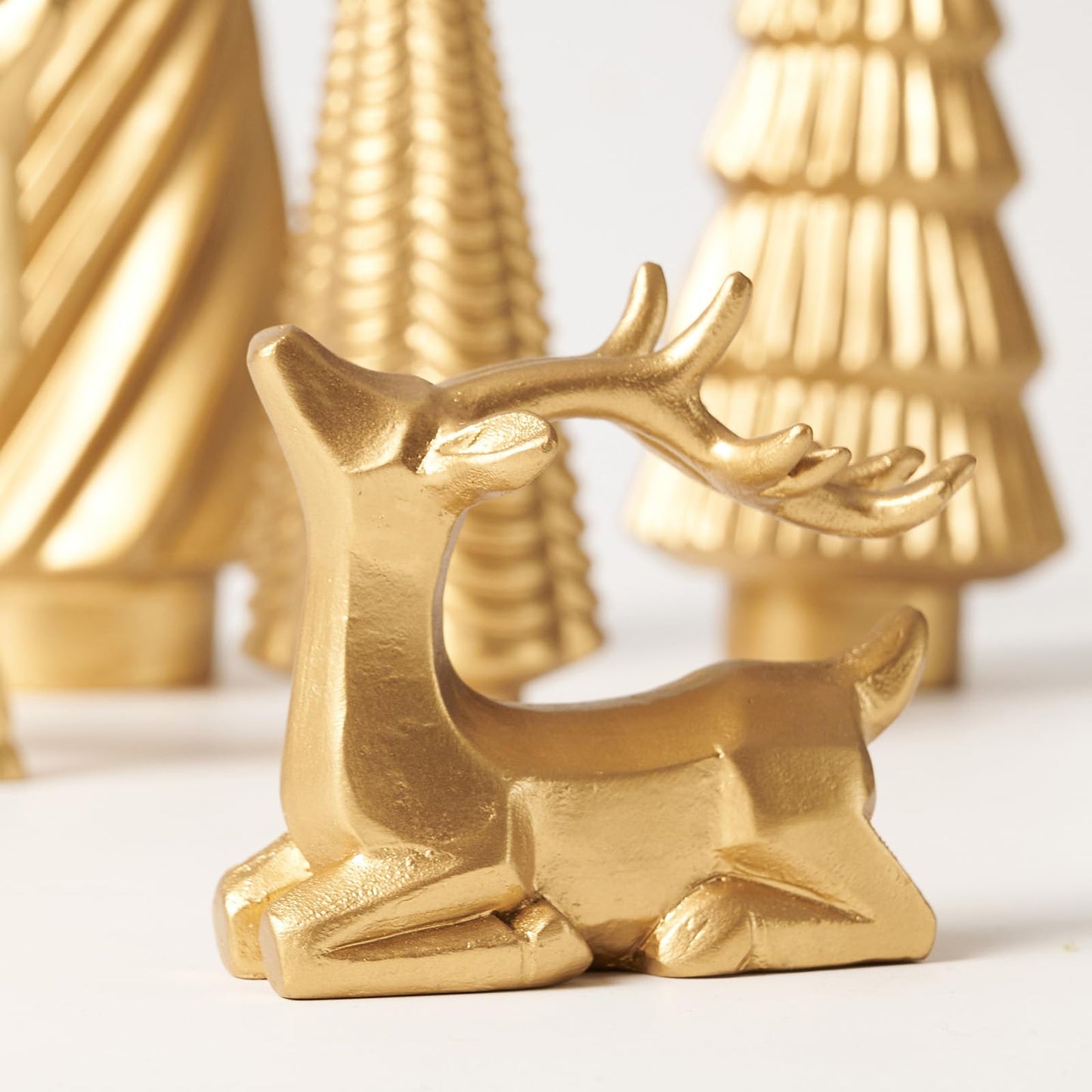 WDS WONDROUS Christmas Decoration Reindeer and Mini Trees Gold, Resin Reindeer Statues and Xmas Tree Figurines for Indoor Home Decor, Tabletop Mantle Cabinet Desktop Office