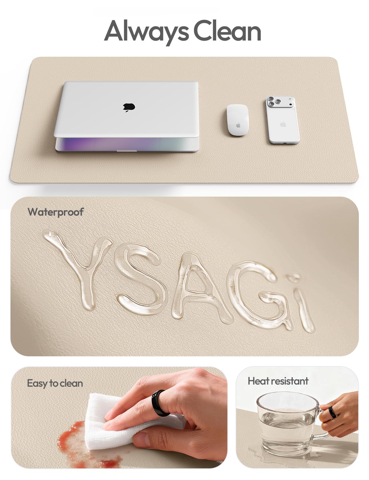 YSAGi Leather Desk Pad Protector, Large Mouse Pad, Non-Slip PU Leather Desk Blotter, Waterproof Writing Pad for Office and Home (31.5" x 15.8", Eggshell)