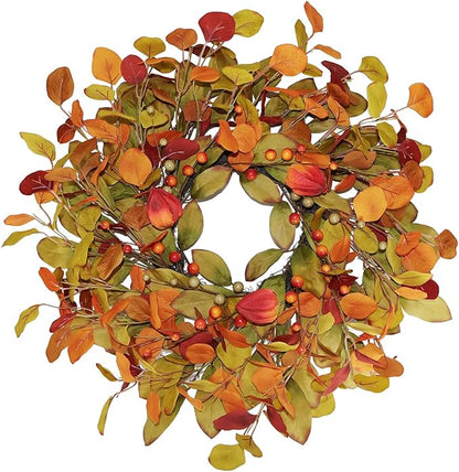 22“ Thanksgiving Fall Wreaths for Front Door Outside - Orange Green Eucalyptus & Berries Front Porch Door Wreath Decor, Harvest Autumn Decor.