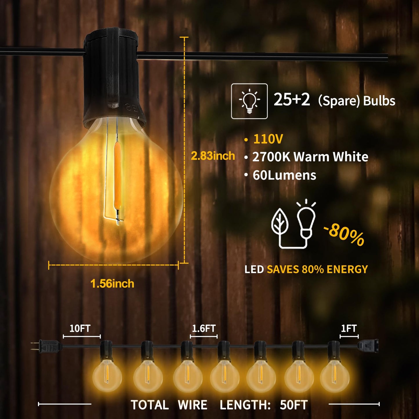 GvvooHome Outdoor String Lights 50FT, G40 LED Patio Lights with 27pcs Shatterproof Bulbs, All Weatherproof Hanging Lights for Outside Backyard Party Cafe Decor