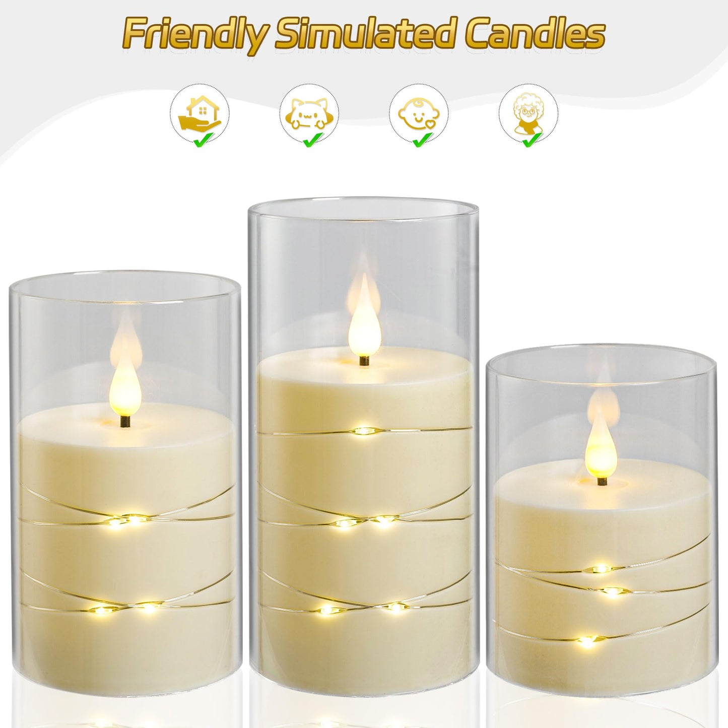 Da by 3 Pack Ivory Transparent Acrylic Flameless Taper Candles, Flickering Black Wick LED Candles with Fairy String Lights, Heat Resistant ABS Candles with Remote for Home Patio Decor
