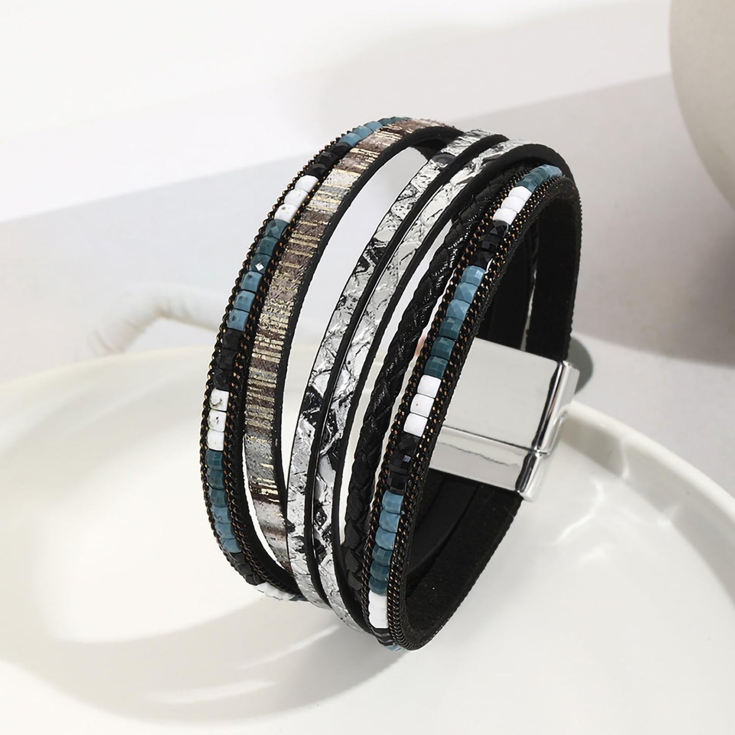 Fesciory Leather Wrap Bracelets for Women, Boho Leopard Multi-Layer Crystal Beads Cuff Bracelet Jewelry (Boho Braid(Black))