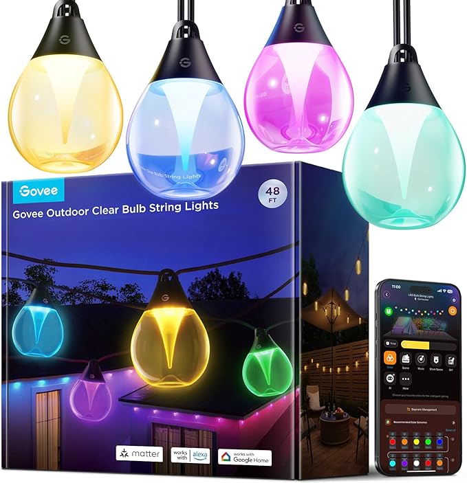 Govee Outdoor Clear Bulb String Lights, 48ft RGBWIC Outdoor Lights with 15 Dimmable Warm White LED Bulbs, 111 Scene Modes for Patio, Backyard, IP67 Waterproof, Works with Alexa, Google & Matter