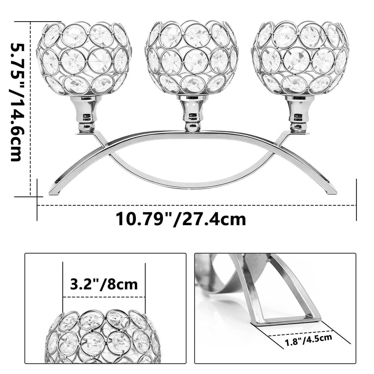 3-Arm Arched Crystal Candelabra, Sliver Candle Holder Table Centerpiece for Wedding, Home Decor, Dining, Party, Thanksgiving & Christmas Decoration(1PCS)
