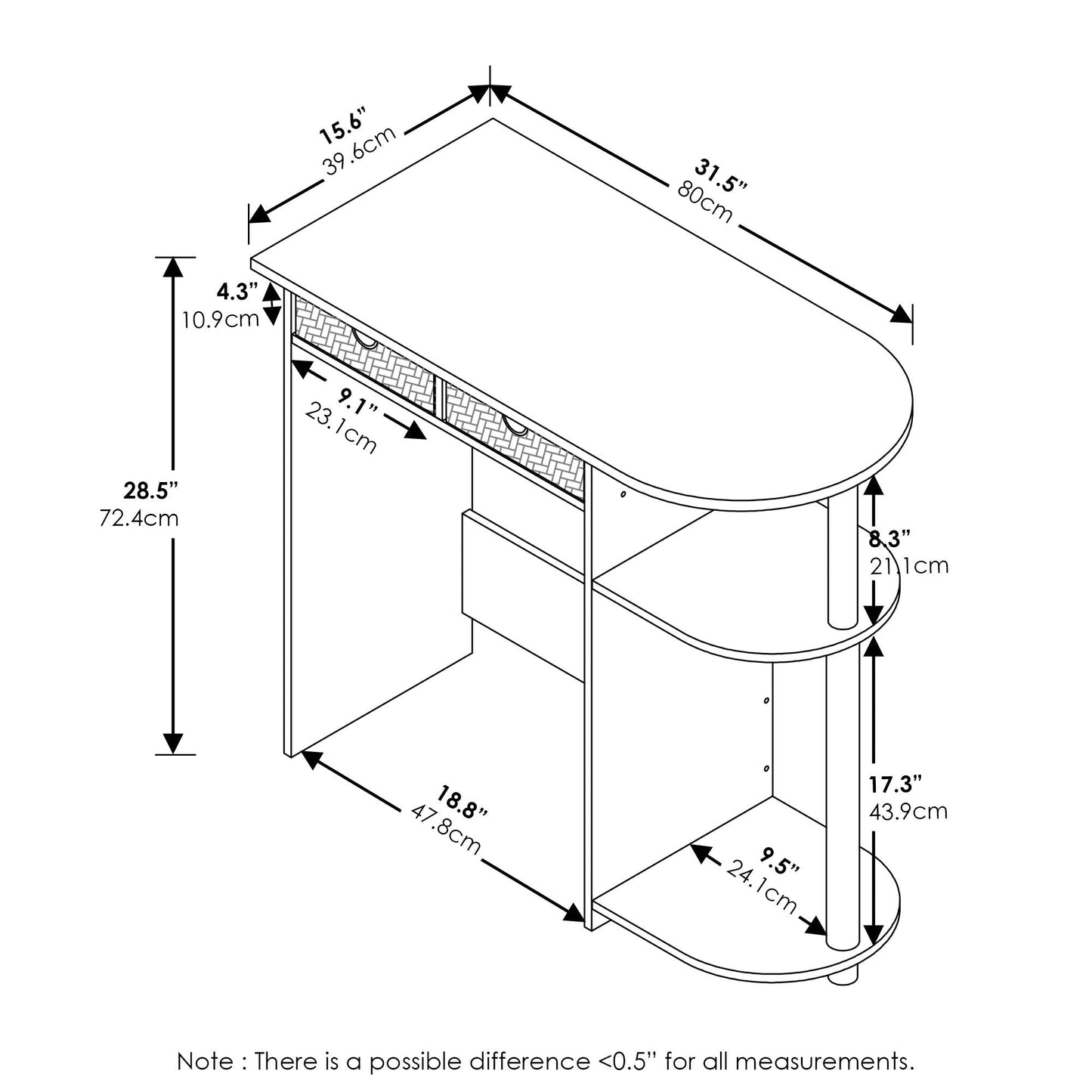 Furinno GO GREEN Desk, 31.5" Wide Gaming Desk with 2 Side Shelves and Storage Bins, Computer Desk, Office Desk for Home Office, Study Room, Dorm, Bedroom, Dark Walnut