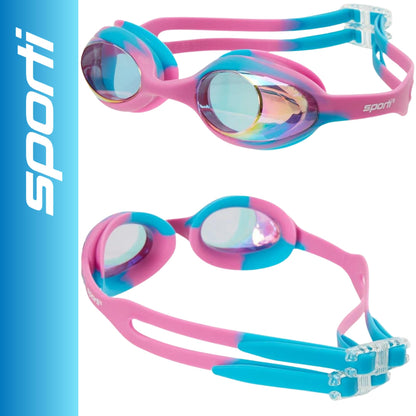 Sporti Unisex Junior Swimming Goggles, Swim Goggles for Kids, Safety for Pool, Beach, Anti Fog UV Protection, Variety Designs, Cabo Mirrored - Pink Mirror/Pink Lens/Pink Turquoise Multi Frame