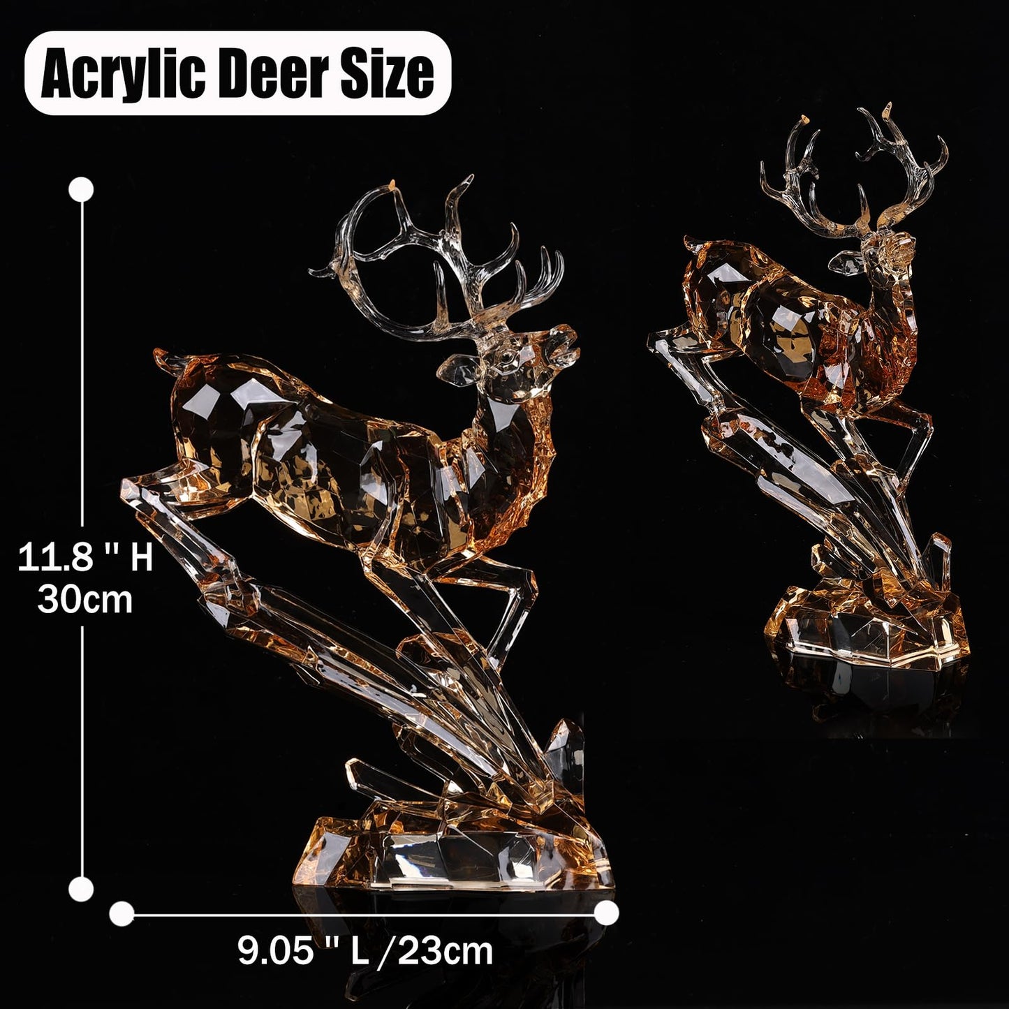 Luxury Acrylic Reindeer Figurine with LED Light for Christmas Decor, Elegant Transparent Crystal-Like Deer Sculpture for Table Shelf Mantel, Reindeer Ornament Holiday Centerpiece (Gold Jumping 11.8")