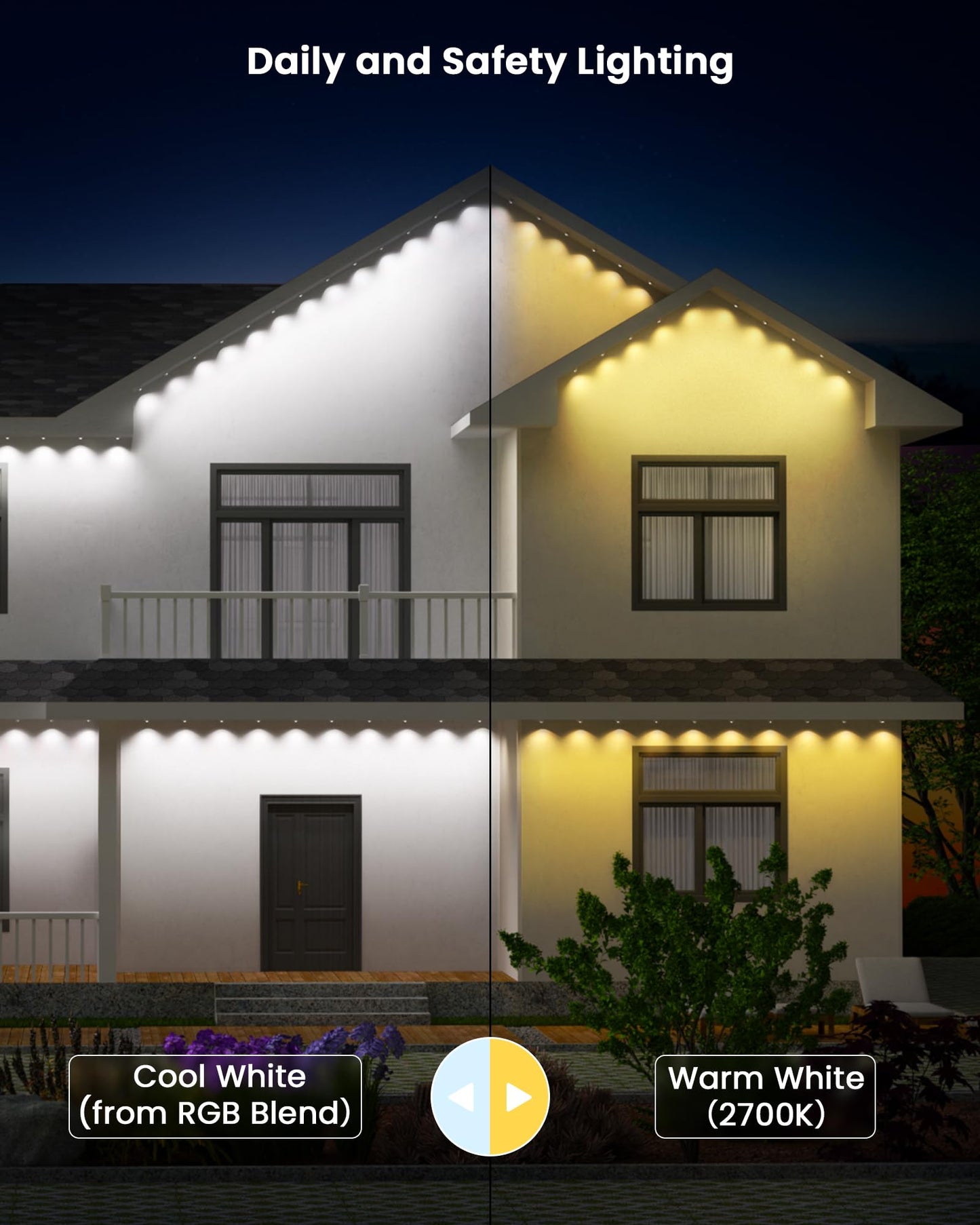 Gefolly Permanent Outdoor Lights Pro, 100ft with 60 RGBW Double-LED Lights 111 Scene Modes for Daily, Halloween, Christmas, IP67 Waterproof for Outdoor Decor, Works with Alexa, Google Assistant, White