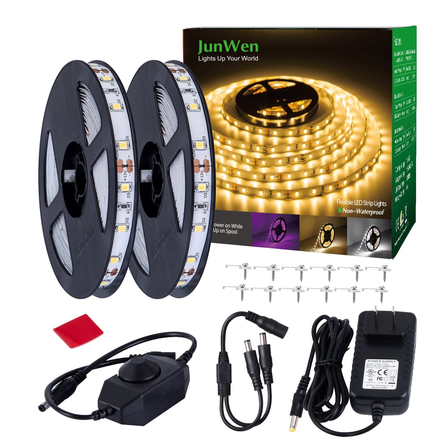 JUNWEN 40ft Warm White Led Strip Lights, Flexible 3000k Dimmable Super Bright 12V led Light Strip in Indoor Cuttable for Bedroom, Christmas, Kitchen, Cabinet,Mirror, Not Waterproof, 2 Rolls of 20ft