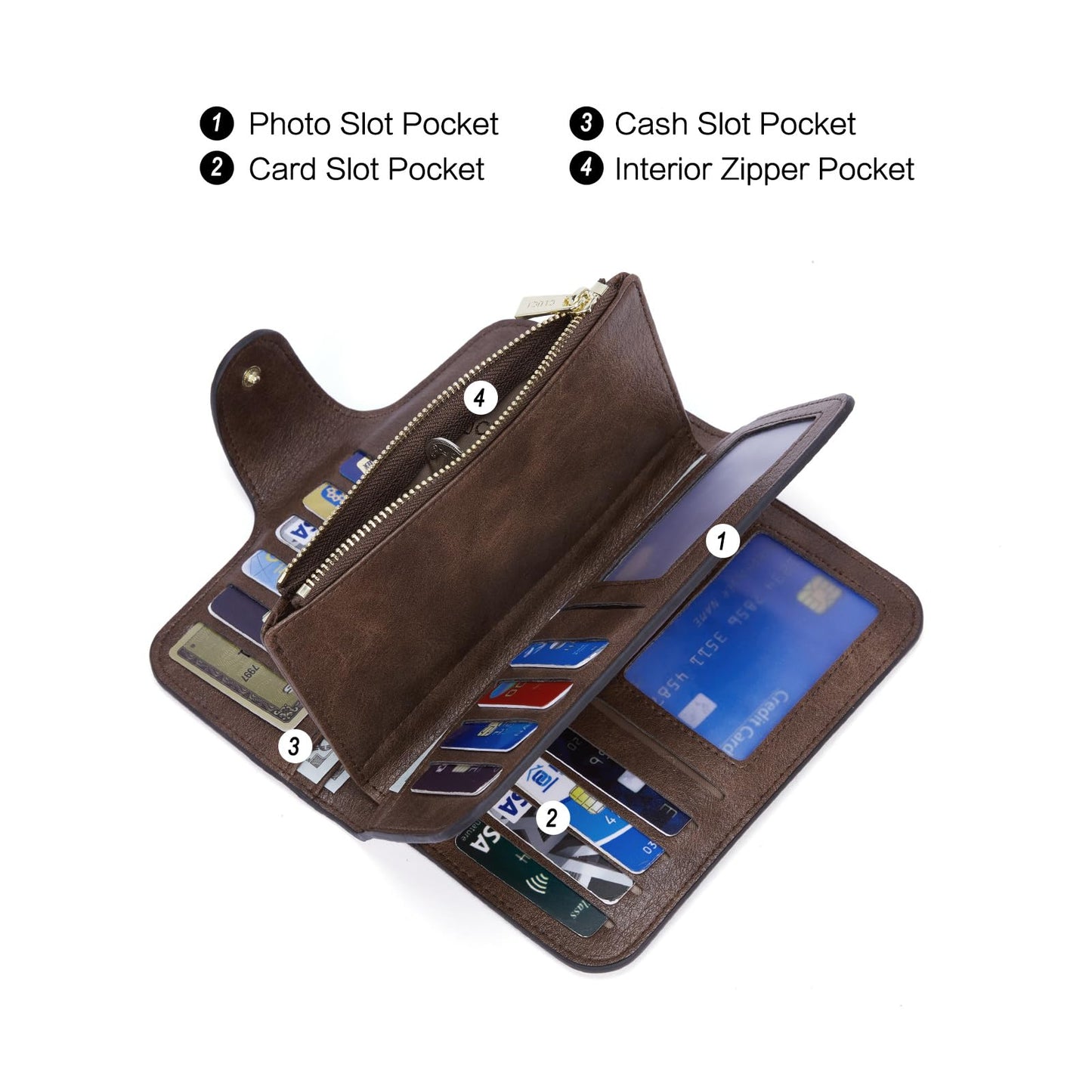 CLUCI Women Wallet Leather RFID Blocking Designer Trifold Card Holder Ladies Clutch with ID Window Oil wax Two-toned Coffee
