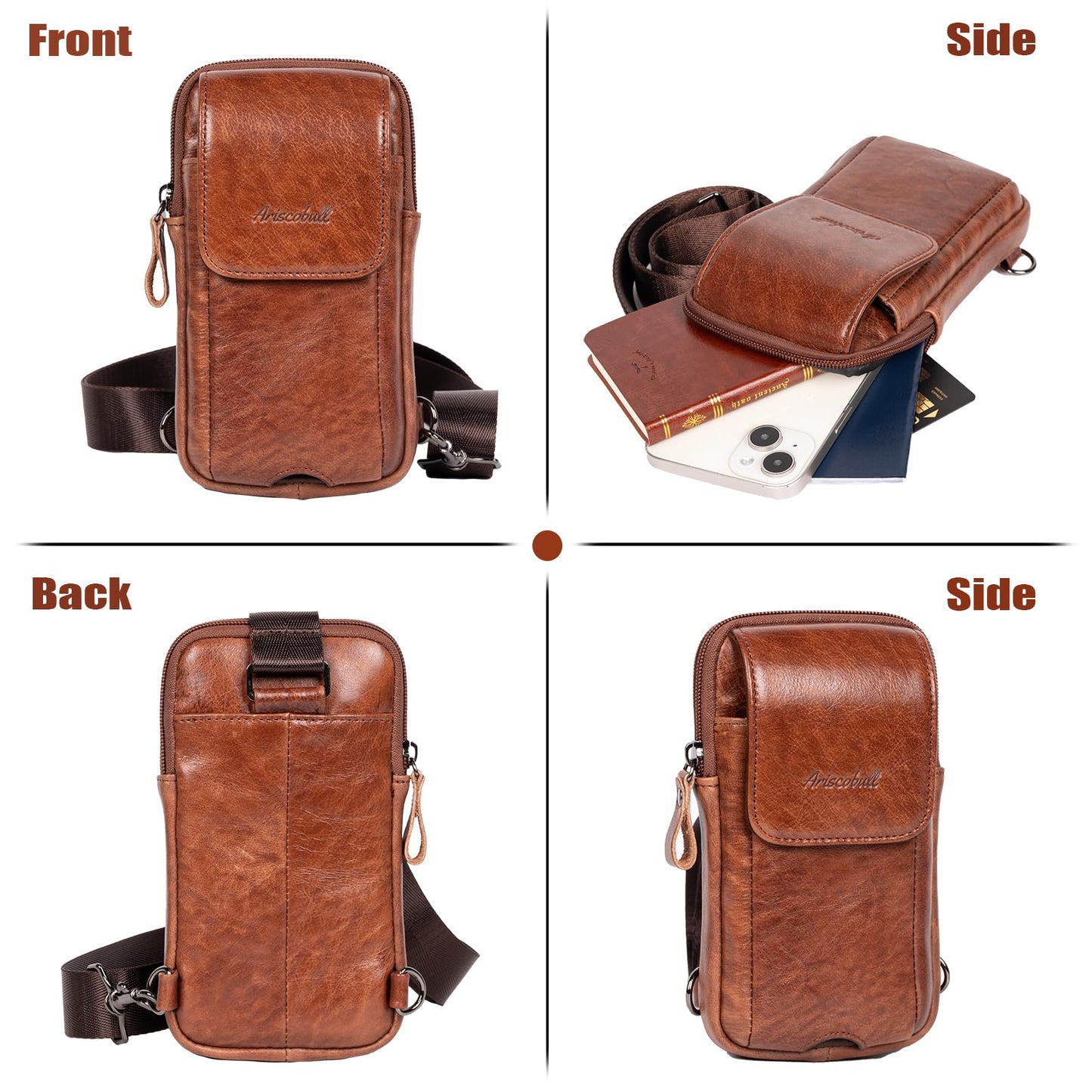 Ariscobull - Small Crossbody Bag for Men Women - Genuine Leather Mini Sling Bag with Charging Port - Travel Hiking Phone Daypack Cross Body Shoulder Bags (Coffe)