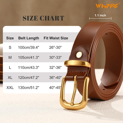 WHIPPY Womens Genuine Leather Belts for Jeans Pants Fashion Vintage Ladies Leather Belt with Gold Buckle, Cognac, S