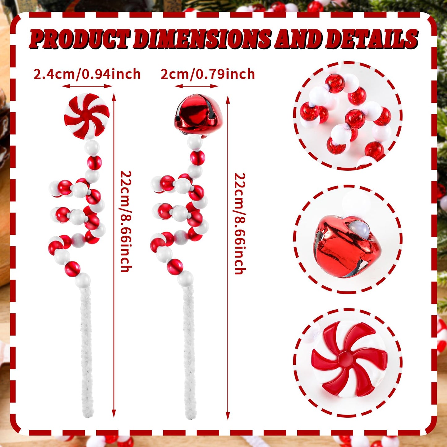 Bencailor 30 Pcs Christmas Tree Picks Red and White Christmas Ornaments Candy Cane Xmas Decorations Lollipop Tree Topper Xmas Bells Curly Pick for Vase Filler Wreath DIY Craft Party Favor Decor