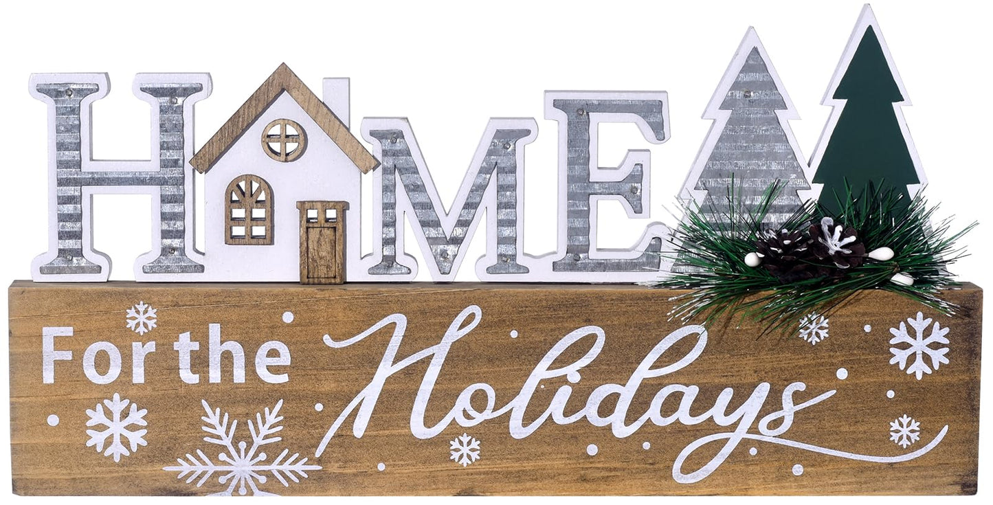 Wooden Christmas Sign Blocks, HOME for the Holiday Quote Table Decor, Xmas Centerpiece Block Sign with Snowflake & Pine Tree, Office Desk Mantle Decoration (BROWN)