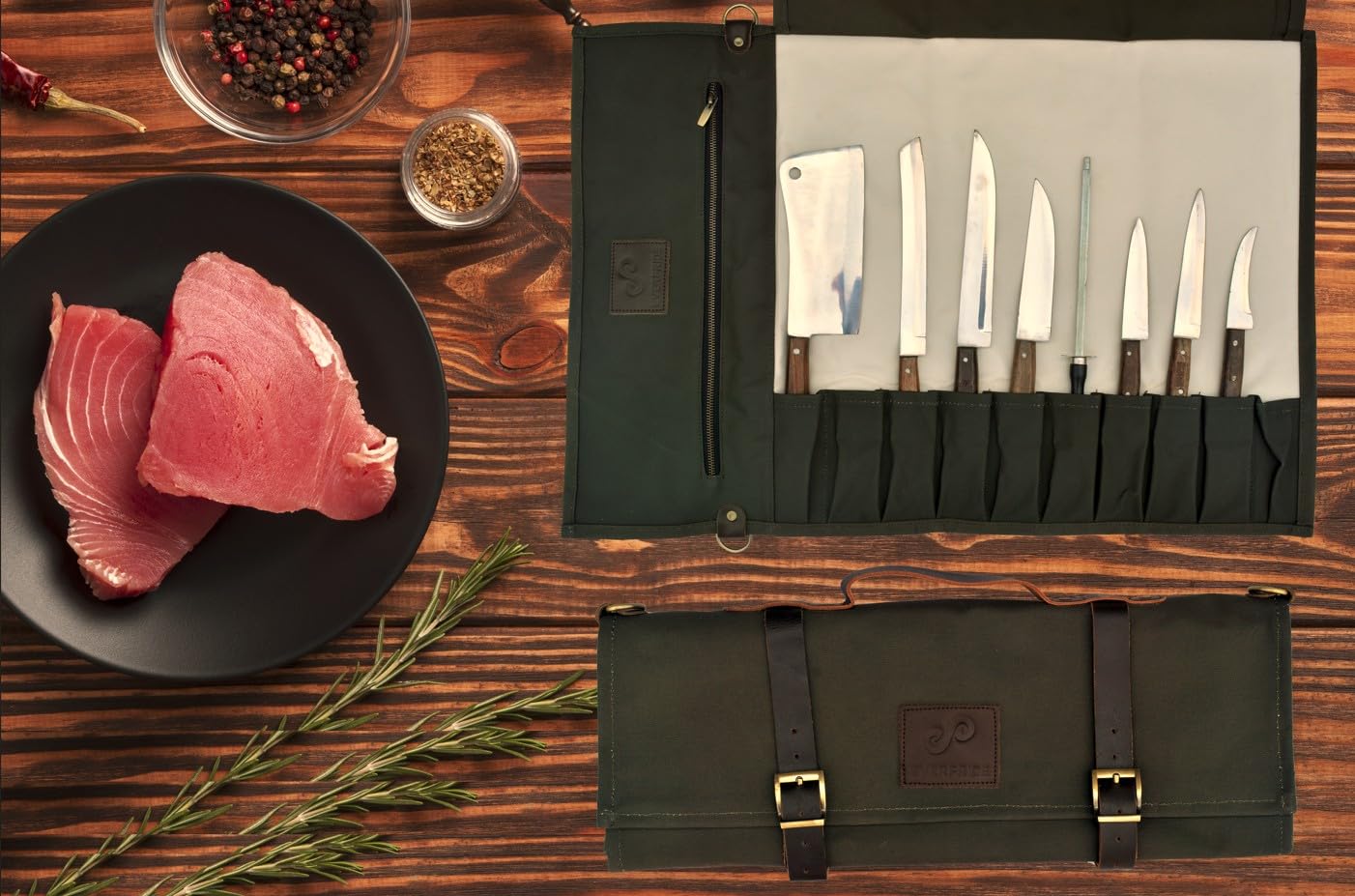 EVERPRIDE Stunning Waxed Canvas Roll Bag in Rich Dark Green w Genuine Leather Trim. Handsome Professional Chef Knife Roll Bag with upto 14" Knives and Storage Compartments A Super Gift
