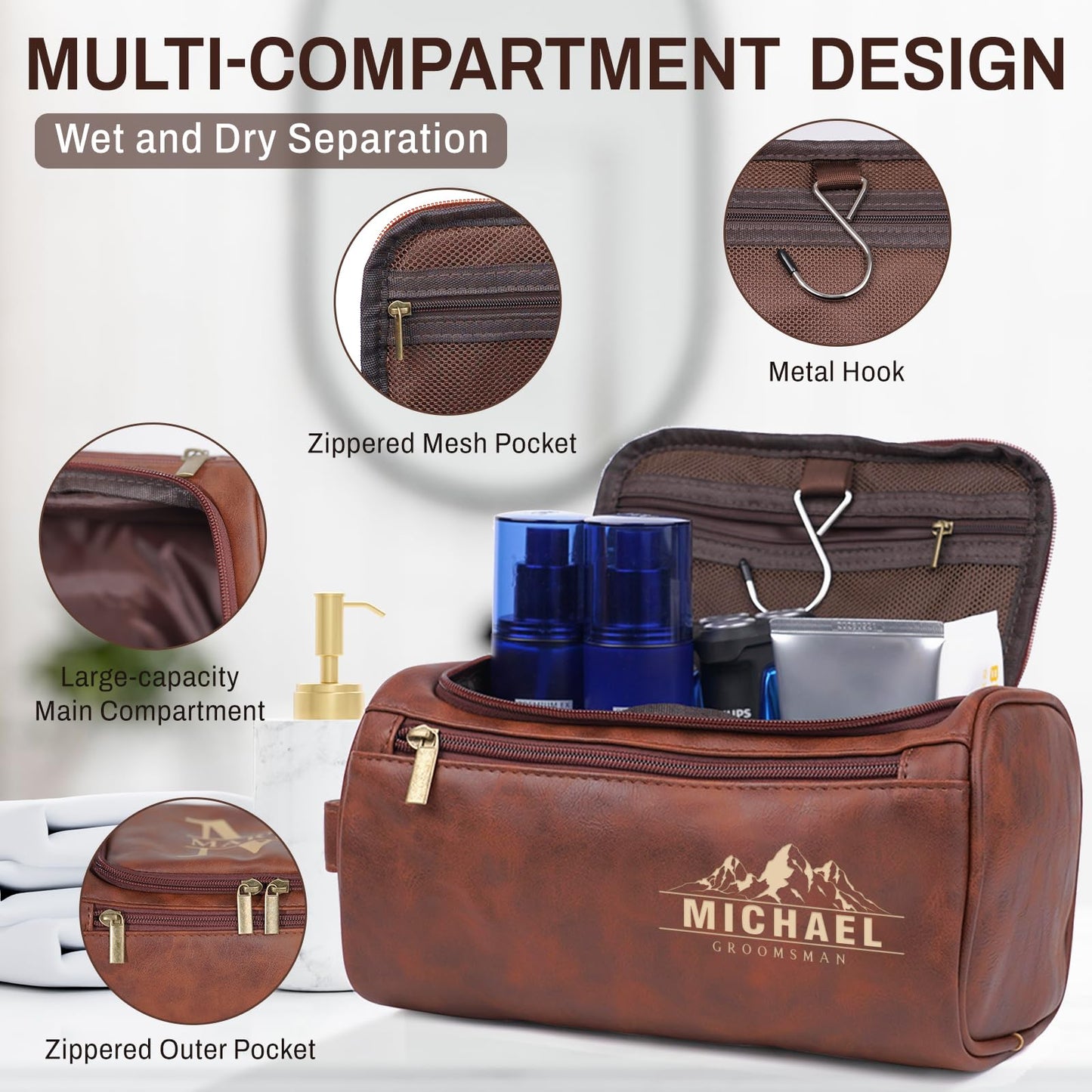Aeekdook Personalized Toiletry Bag for Men - Engraved Name/Logo, Waterproof PU Leather Dopp Kit with Hanging Multi-Compartment, Unique Gifts for Men Husband Groomsmen Boyfriend Birthday Father's Day