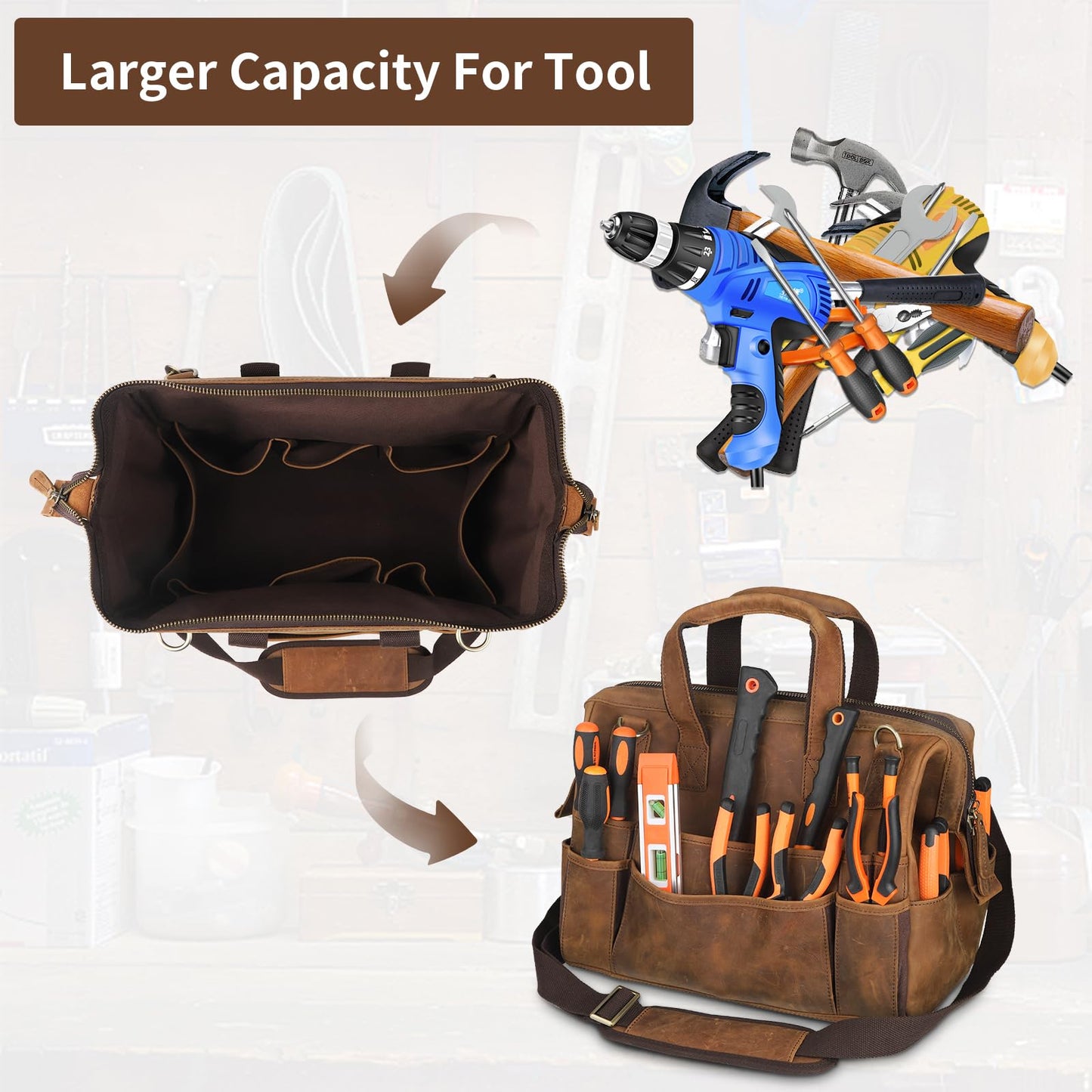 Leather Tool Bag Wide Mouth Tool Storage Bag for Hand Tools 16 inch Tool Tote Bag, Gardening, Outdoorsmen, Heavy Duty Organizer Electrician Tool Bag