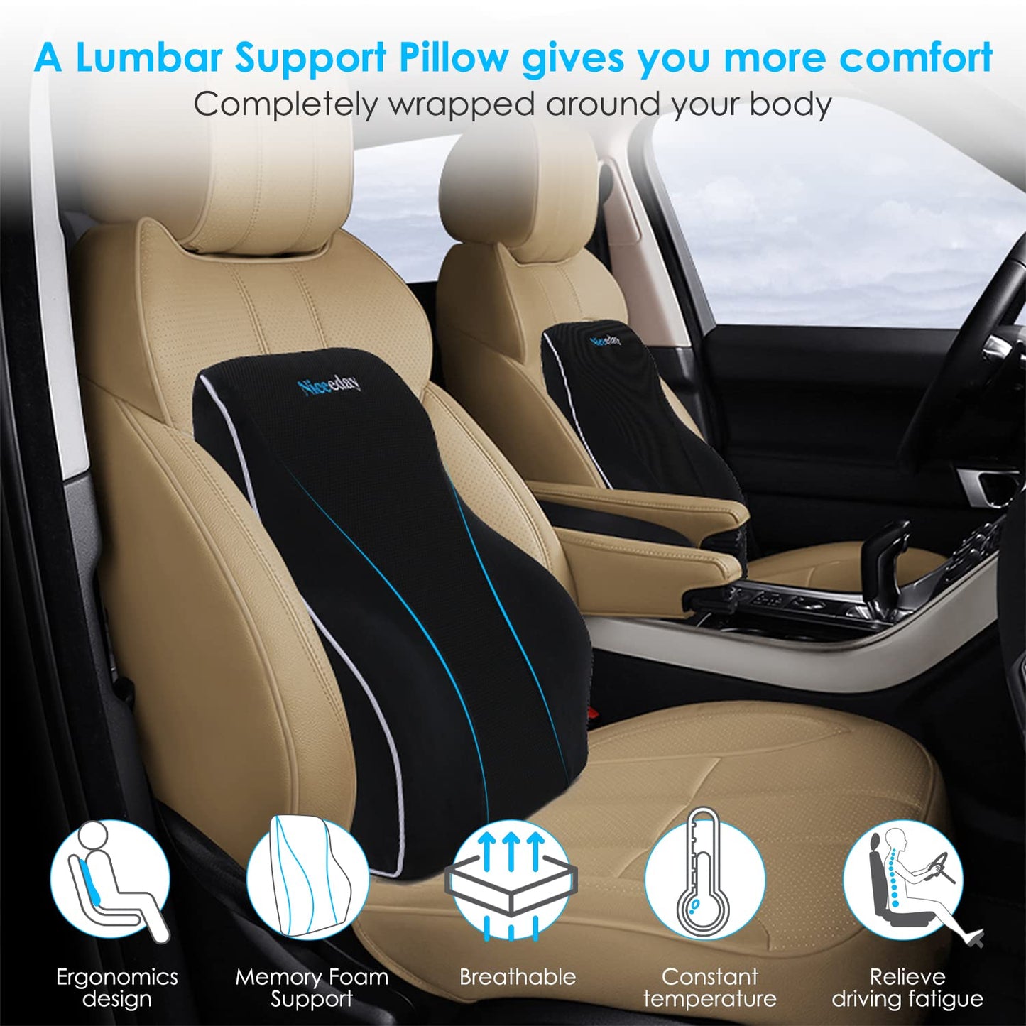 Niceeday Lumbar Support Pillow for Office Chair Car Back Support Pillow, Memory Foam Gaming Chair Desk Chair Back Cushion for Lower Back Pain Relief, Ergonomic Back Rest,Office Home Essentials
