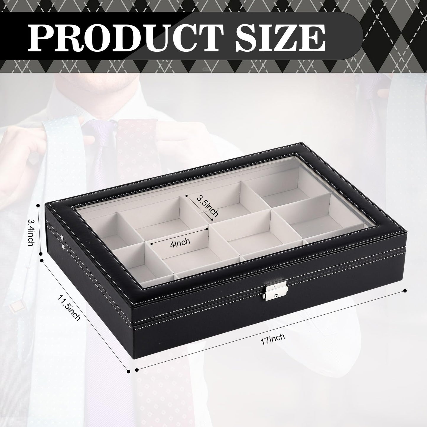 AceOrbit Luxury Tie Display Case with Glass Lid – 12 Slot Organizer for Men's Ties, Belts & Accessories, Lockable Dresser Storage Box, Elegant Gift for Husband or Father