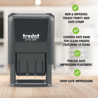 Trodat 4820 Printy 4.0, Self-Inking Date Stamp for Professional, Classroom and Personal Applications, 3/8” x 1-¼”, CO2 Compensated Date Stamper (Black)