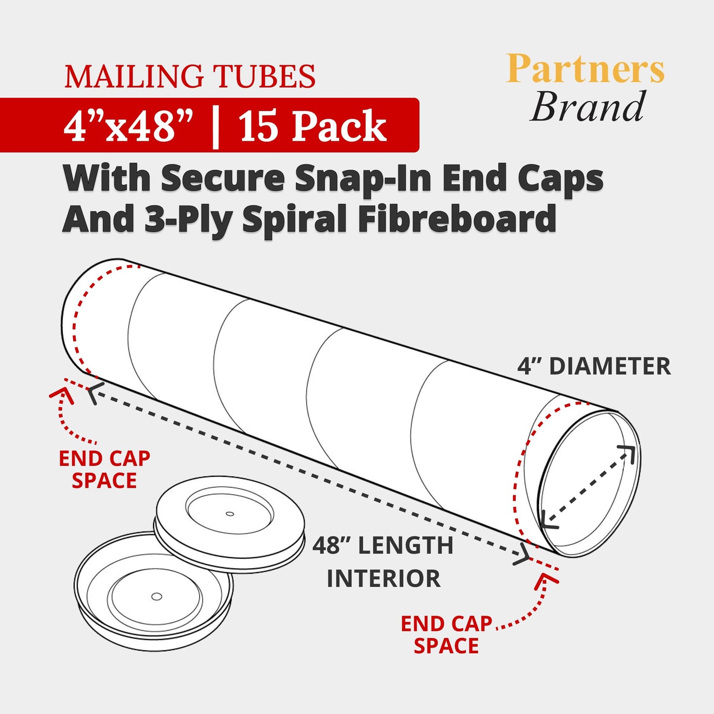 PARTNERS BRAND Cardboard Tubes with Caps, 48"L x 4"W x 4"H, Pack of 15 | Poster Tube for Mailing and Storage of Blueprints, Artwork, Crafts, Long Art Holder, 48 inches